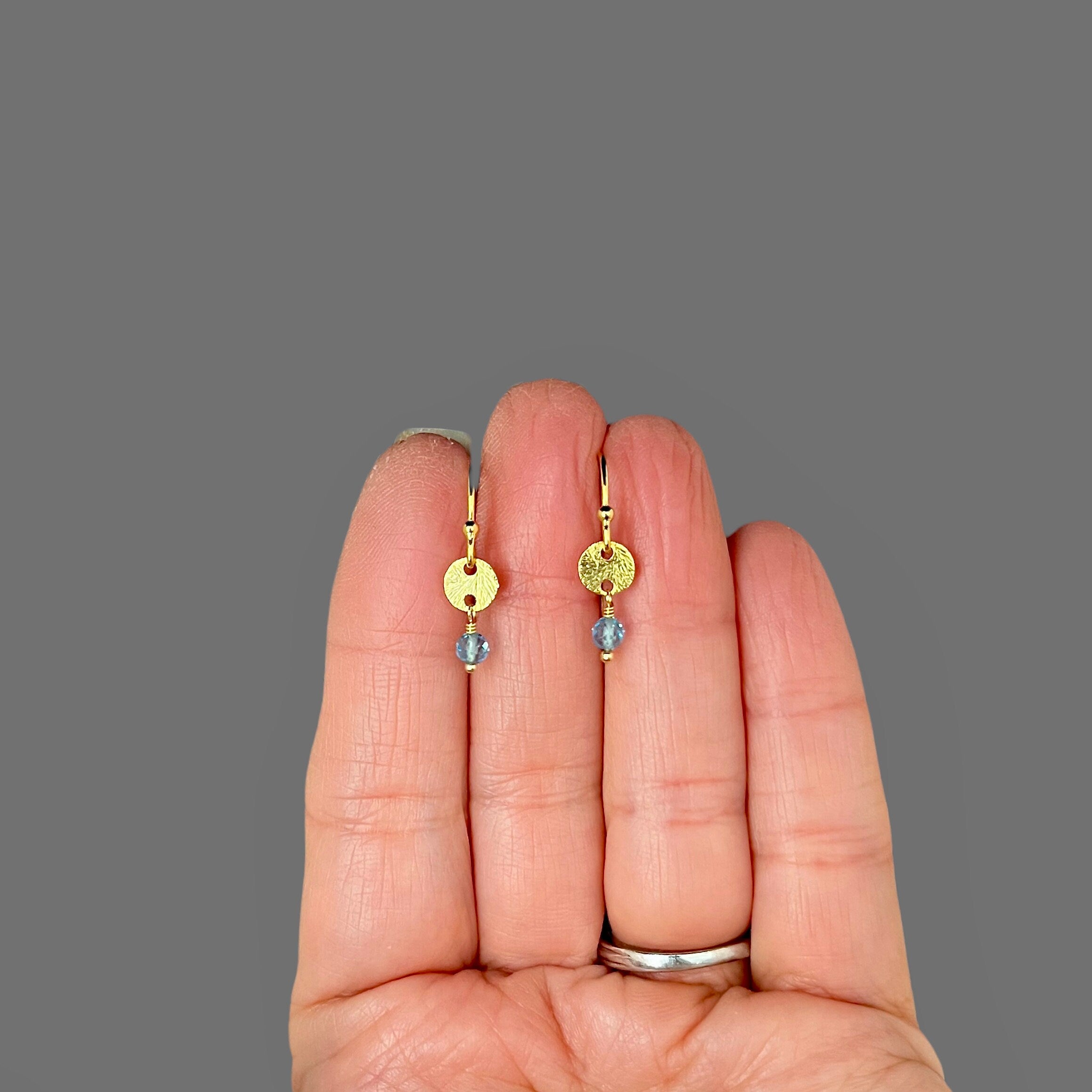 Blue Topaz Earrings on Brushed Gold Vermeil Disc Links