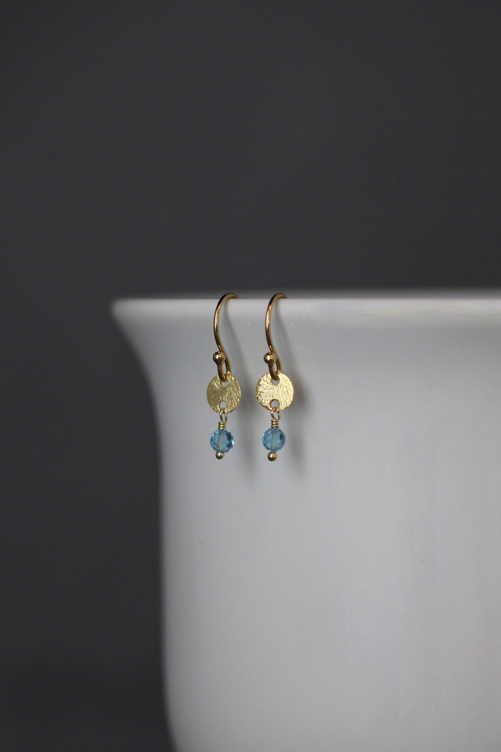 Blue Topaz Earrings on Brushed Gold Vermeil Disc Links