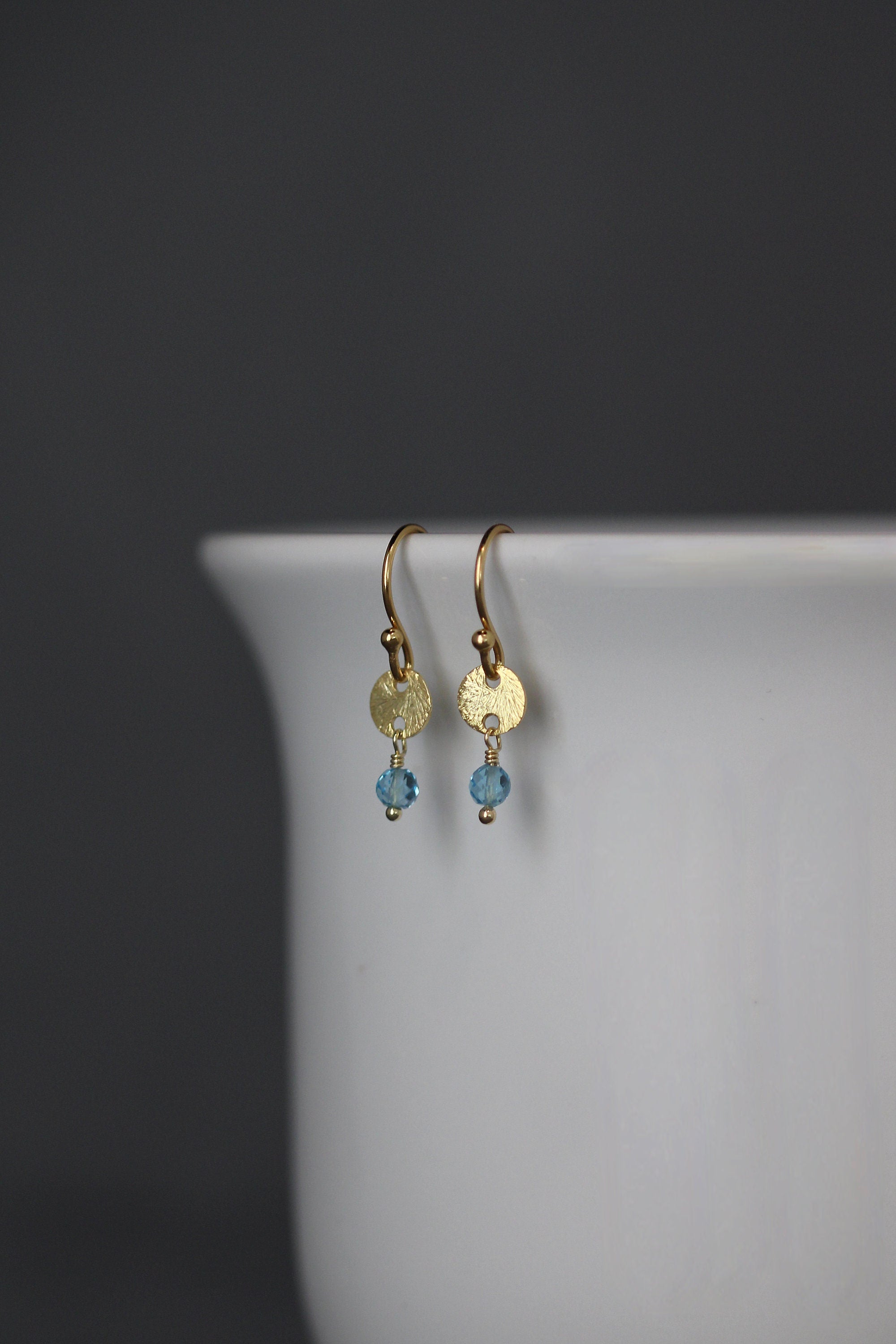 Blue Topaz Earrings on Brushed Gold Vermeil Disc Links