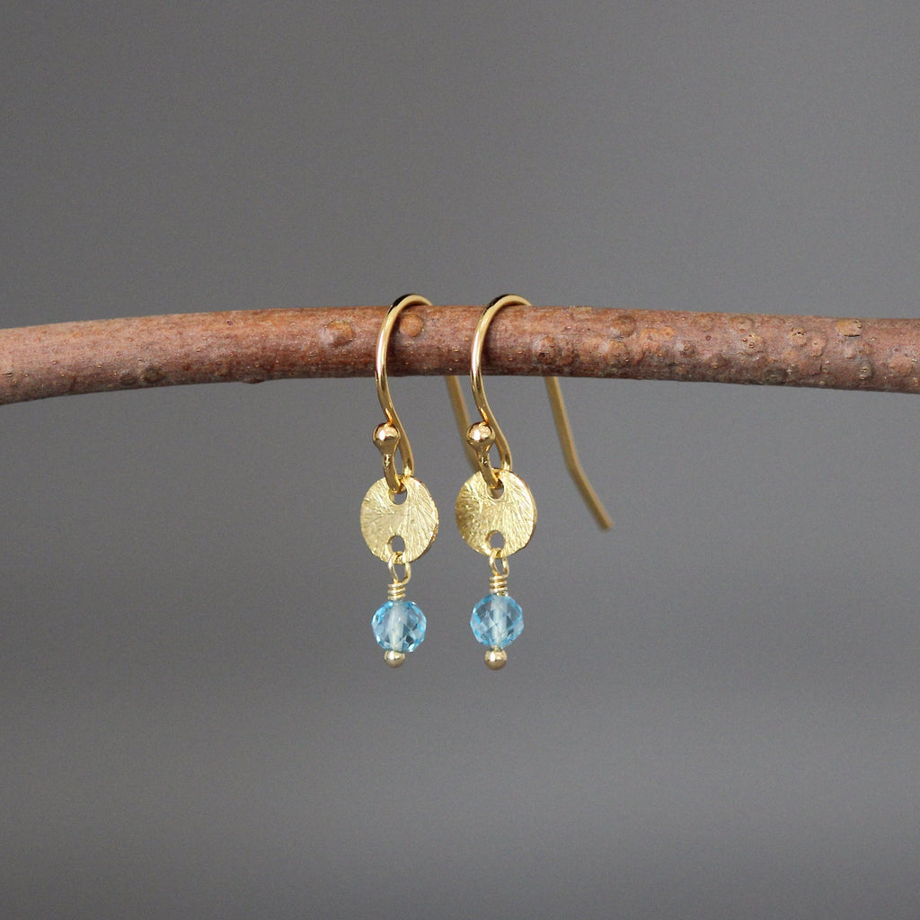 Blue Topaz Earrings on Brushed Gold Vermeil Disc Links