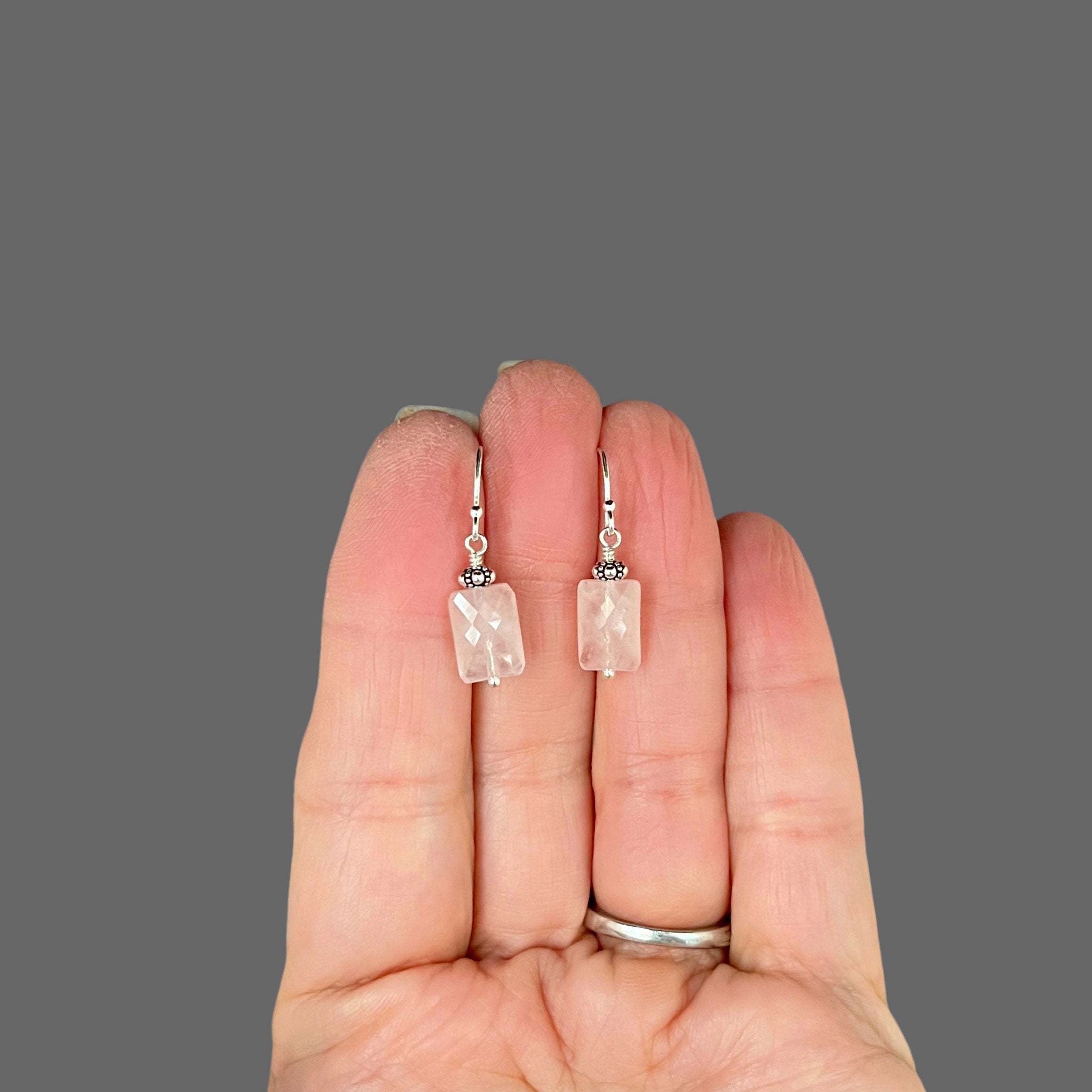 Rose Quartz Rectangle Stone Dangle Earrings with Bali Sterling Silver Beads
