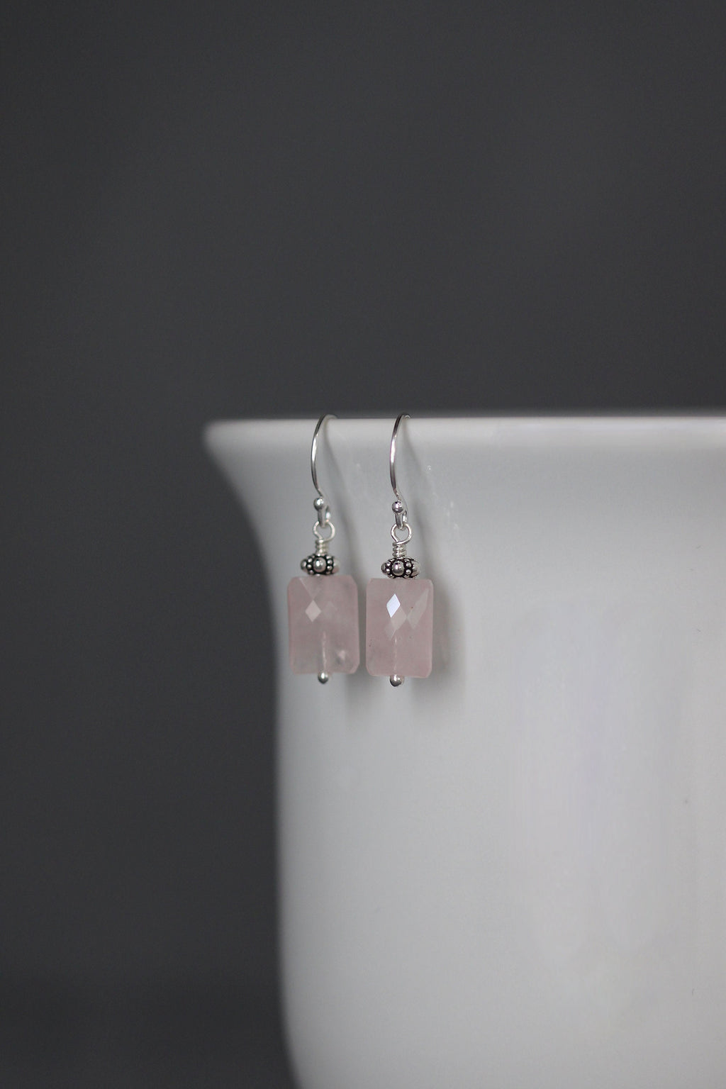 Rose Quartz Rectangle Stone Dangle Earrings with Bali Sterling Silver Beads