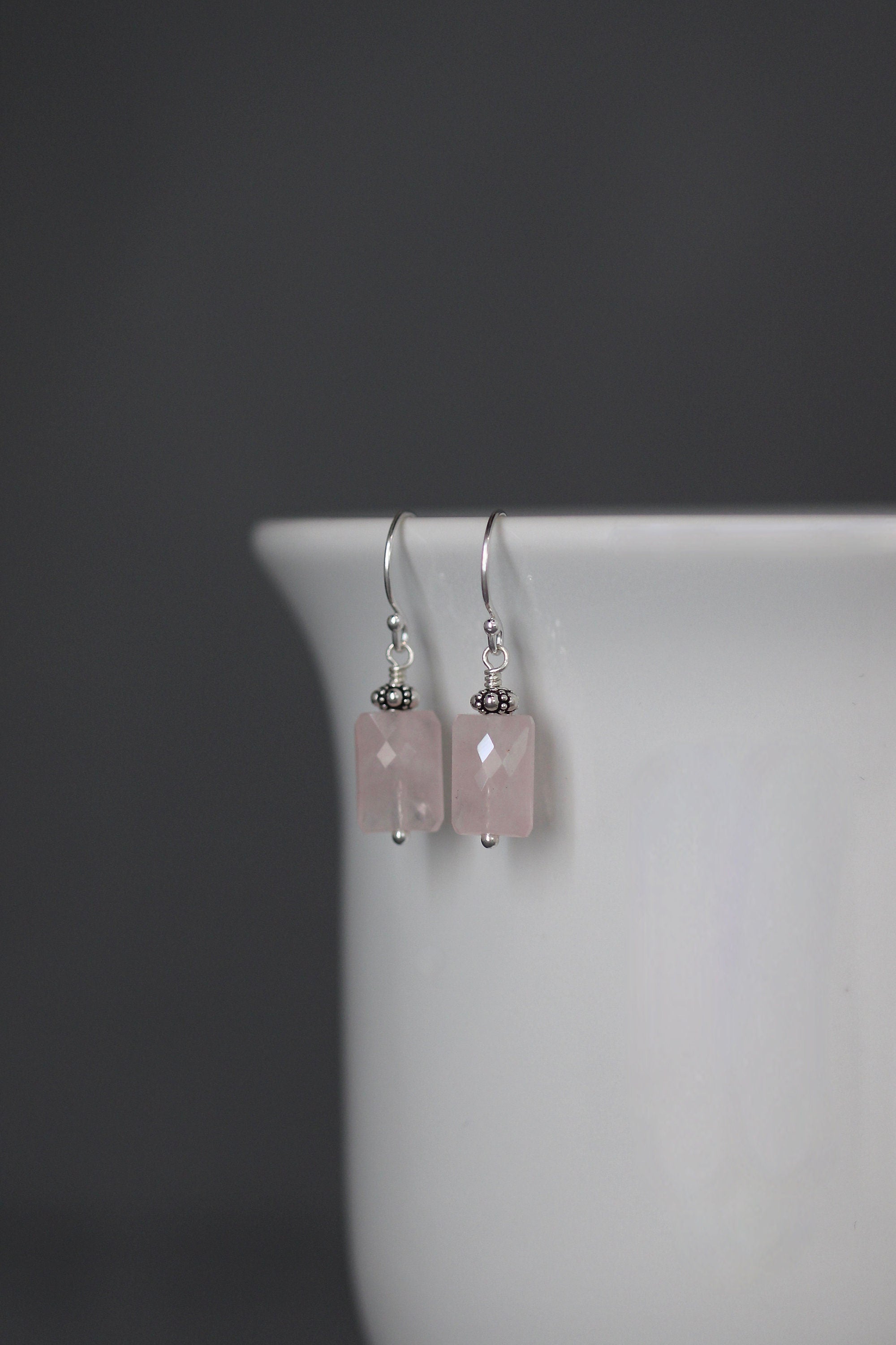 Rose Quartz Rectangle Stone Dangle Earrings with Bali Sterling Silver Beads