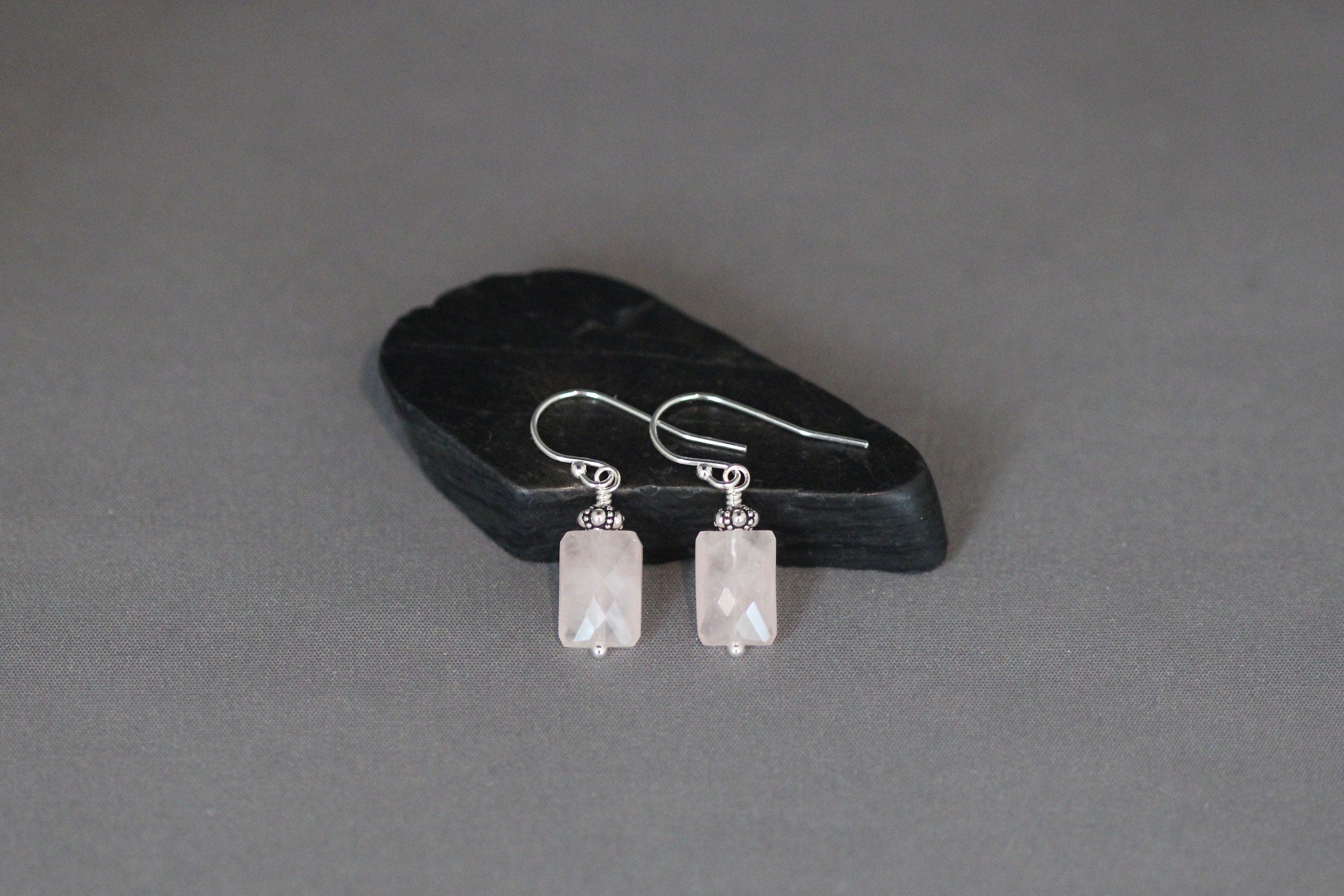 Rose Quartz Rectangle Stone Dangle Earrings with Bali Sterling Silver Beads