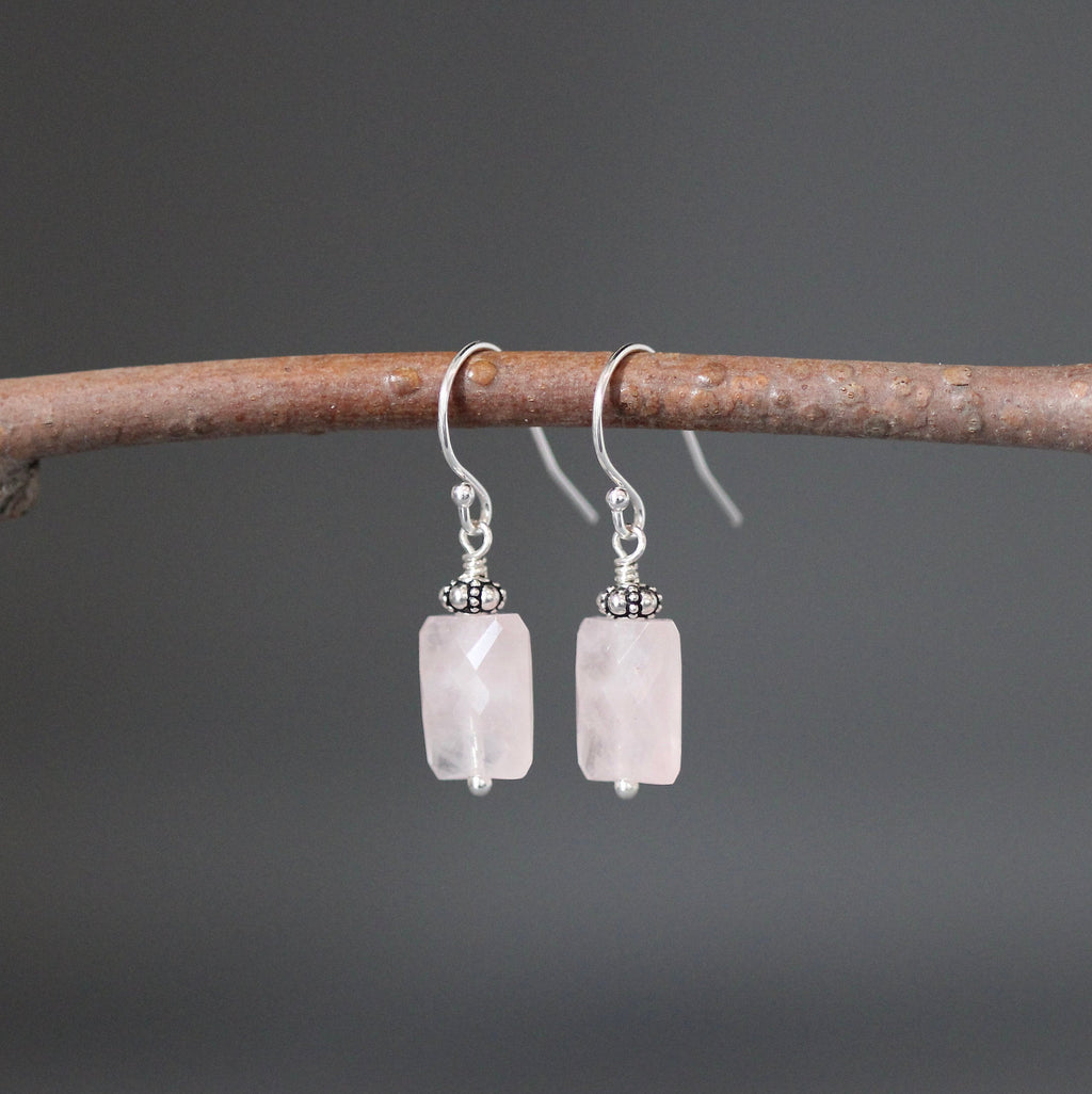Rose Quartz Rectangle Stone Dangle Earrings with Bali Sterling Silver Beads