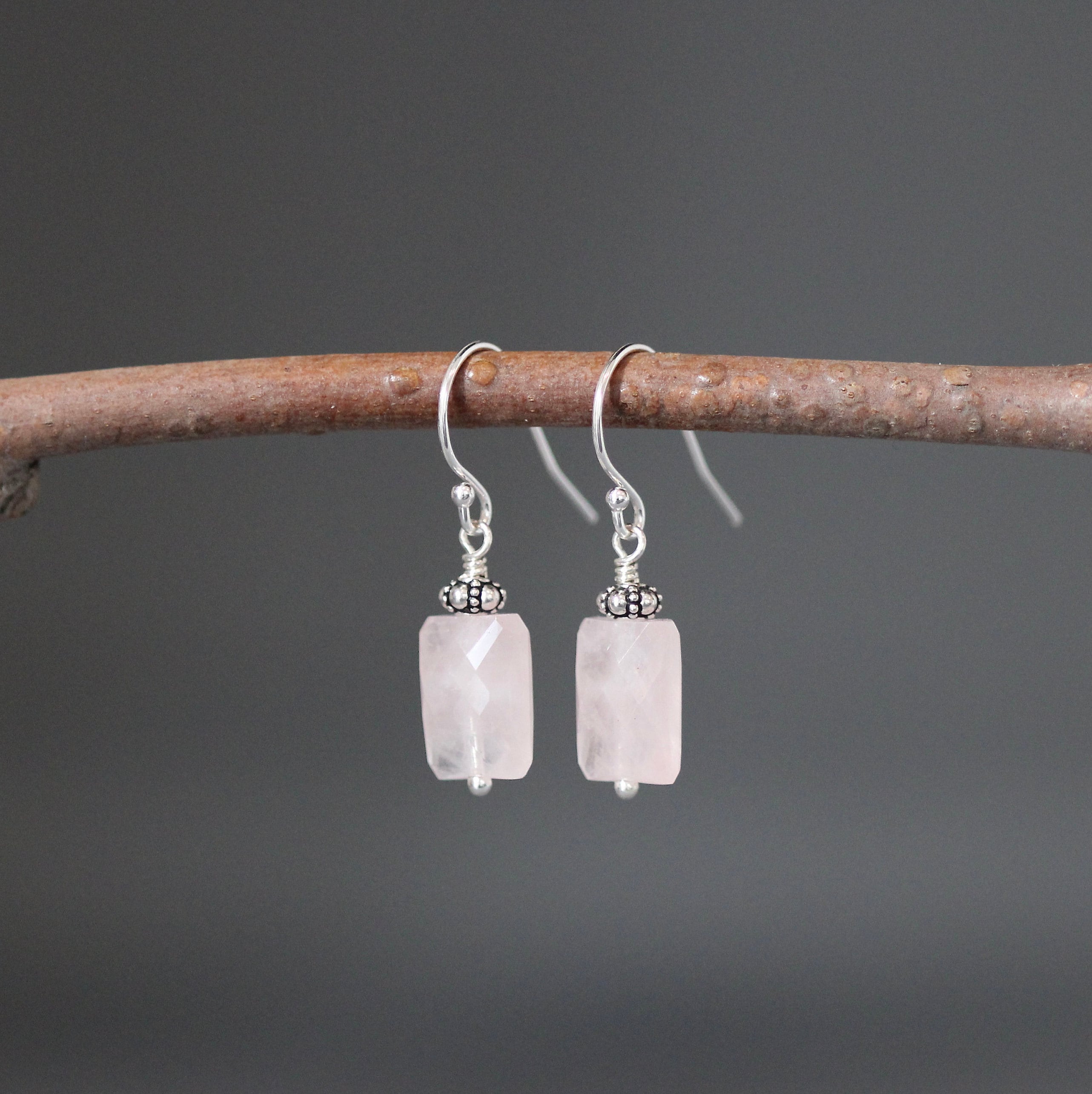 Rose Quartz Rectangle Stone Dangle Earrings with Bali Sterling Silver Beads