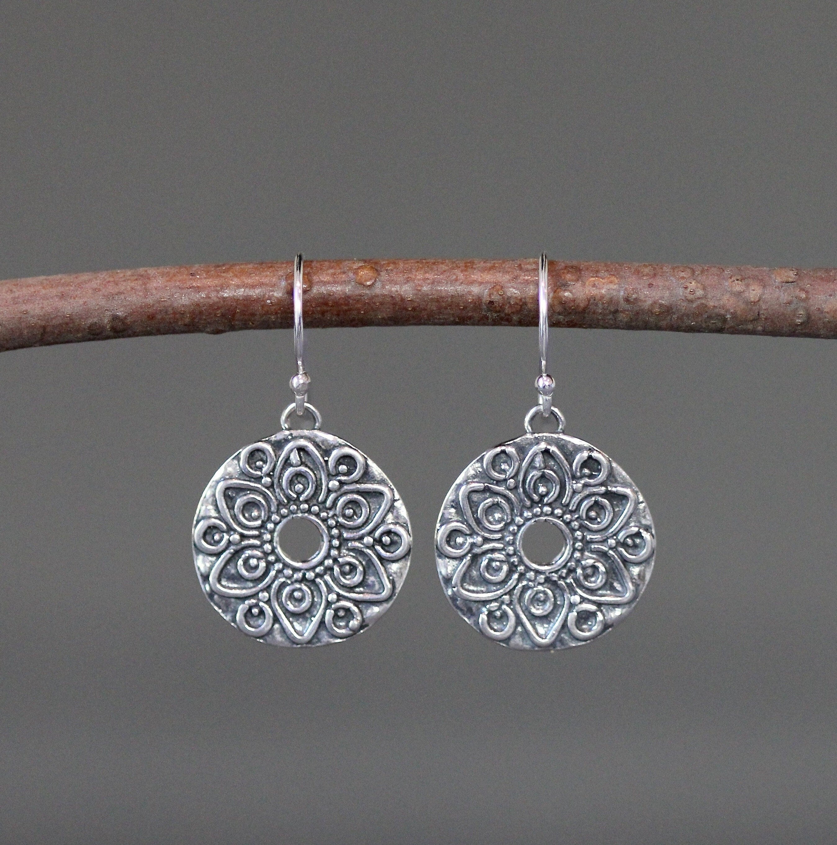 Bali Silver Mandala Charm Earrings