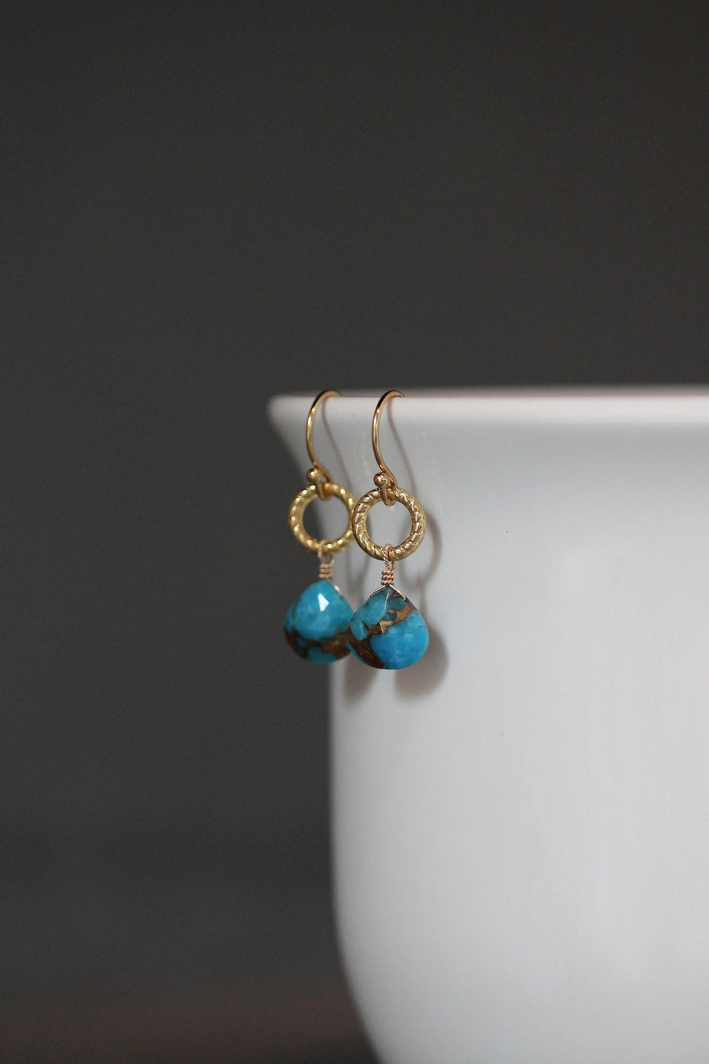 Copper Turquoise Teardrop Earrings on Gold Vermeil Links