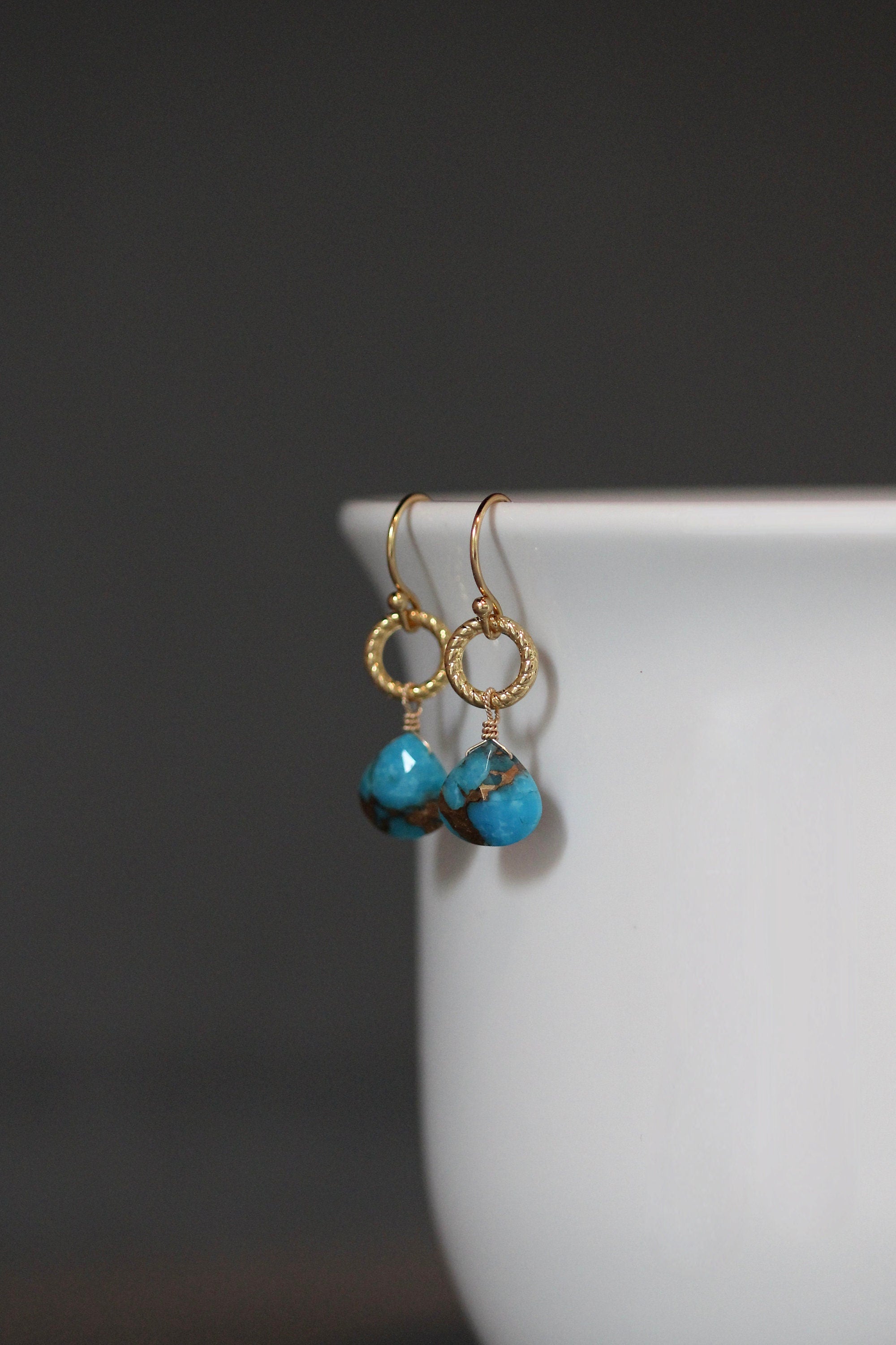Copper Turquoise Teardrop Earrings on Gold Vermeil Links