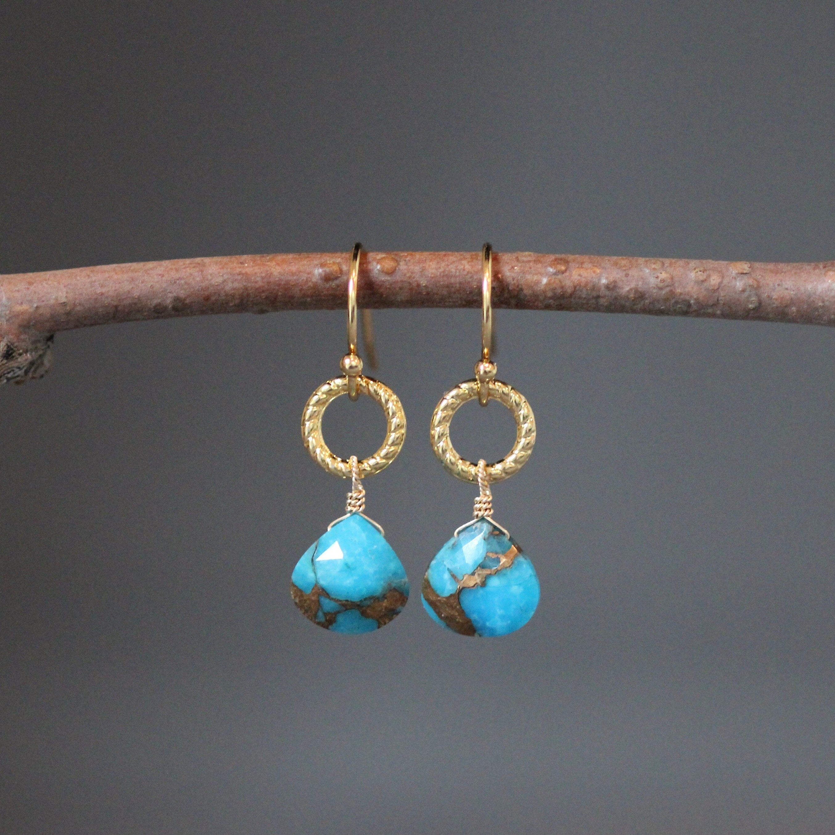 Copper Turquoise Teardrop Earrings on Gold Vermeil Links