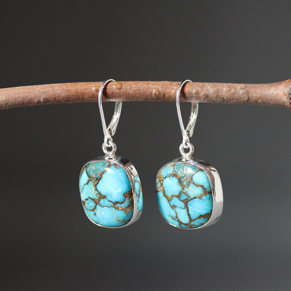Copper Turquoise Square Cabochon Bezel Dangle Earrings in Sterling Silver