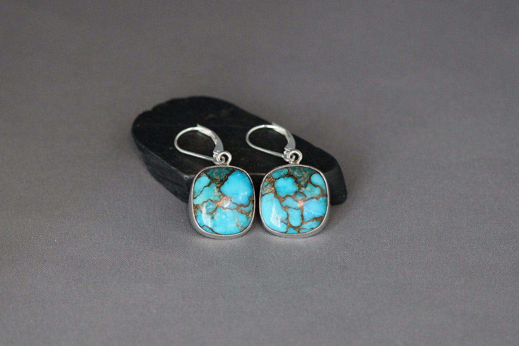 Copper Turquoise Square Cabochon Bezel Dangle Earrings in Sterling Silver