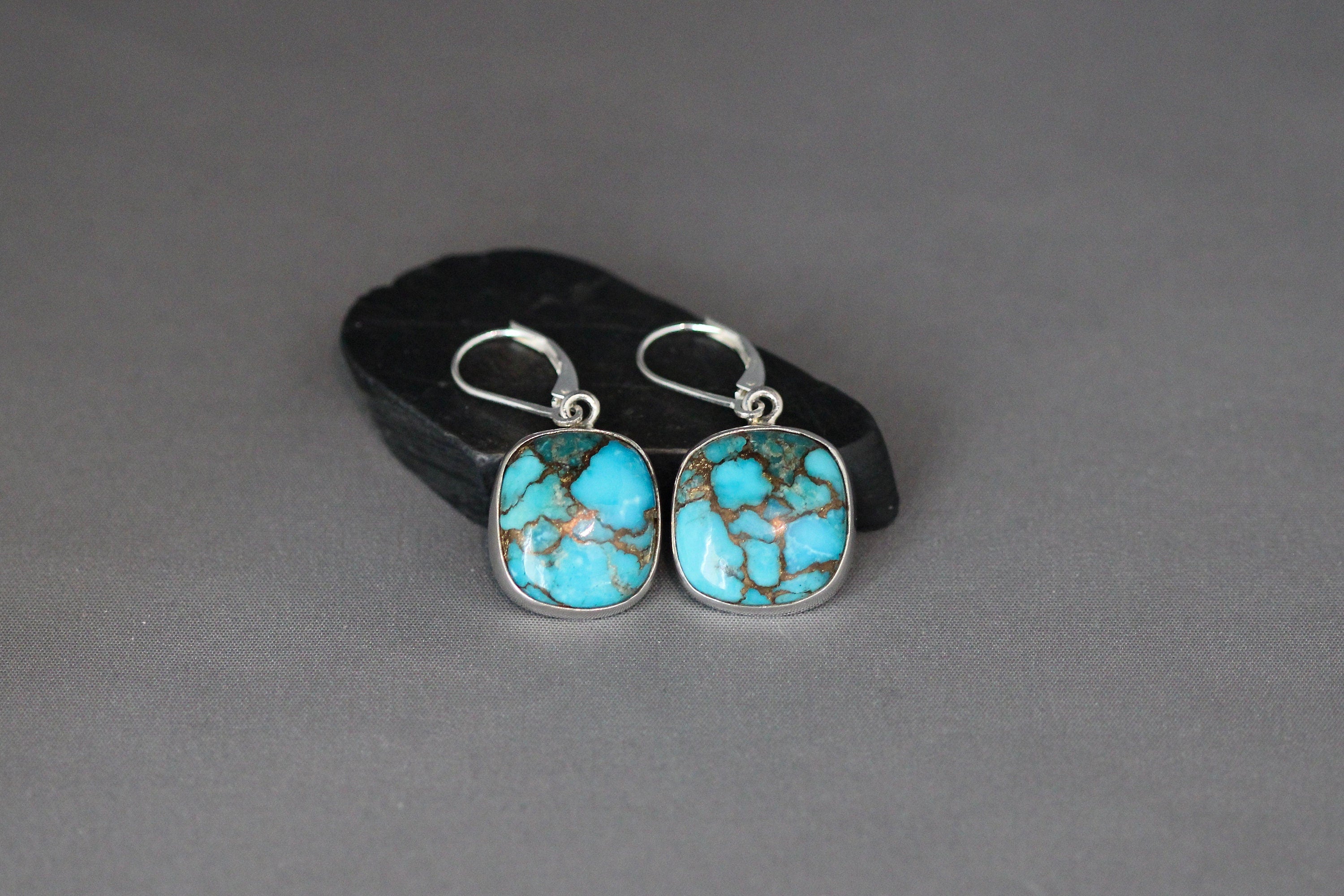 Copper Turquoise Square Cabochon Bezel Dangle Earrings in Sterling Silver