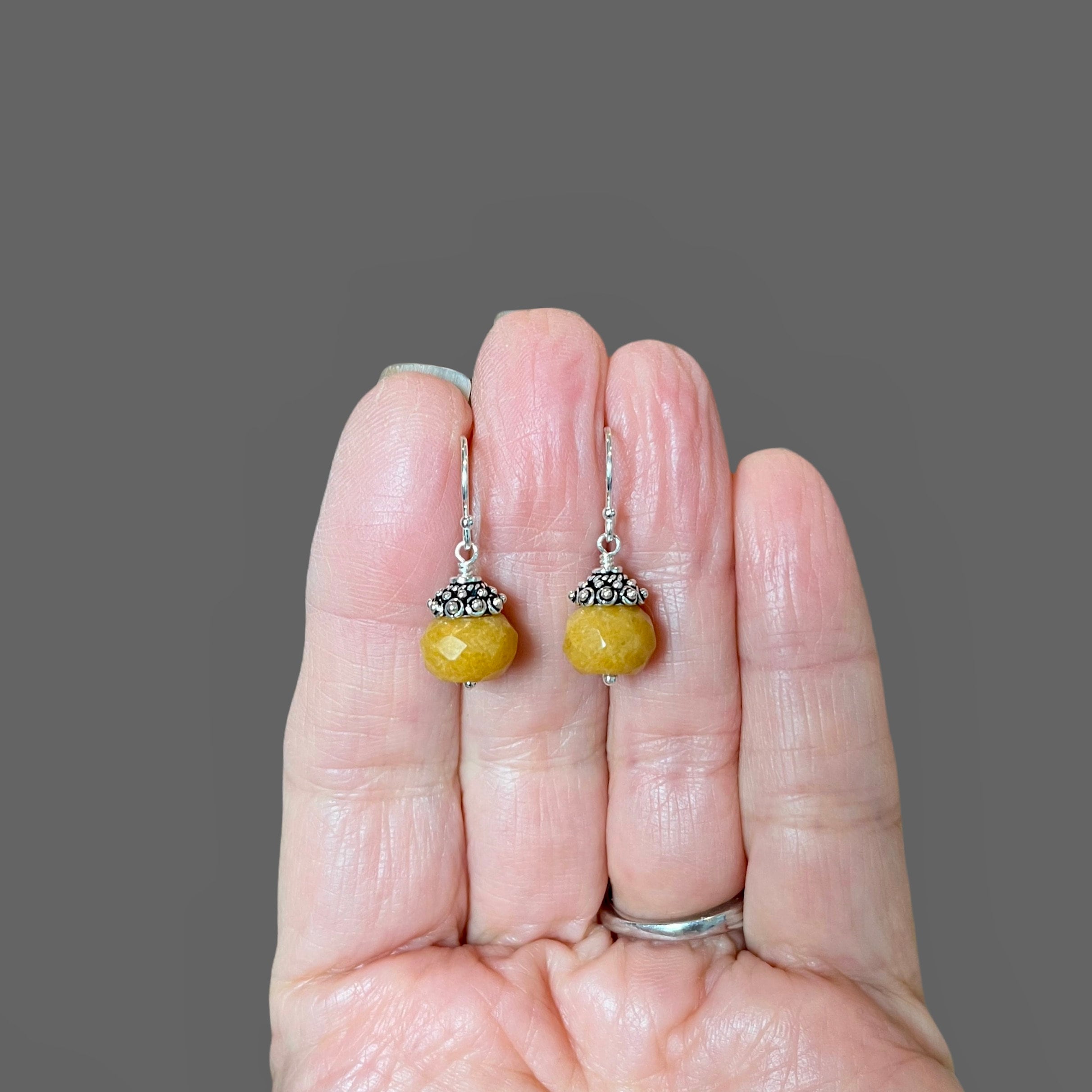 Mustard Yellow Jade Button Earrings with Sterling Silver Caps