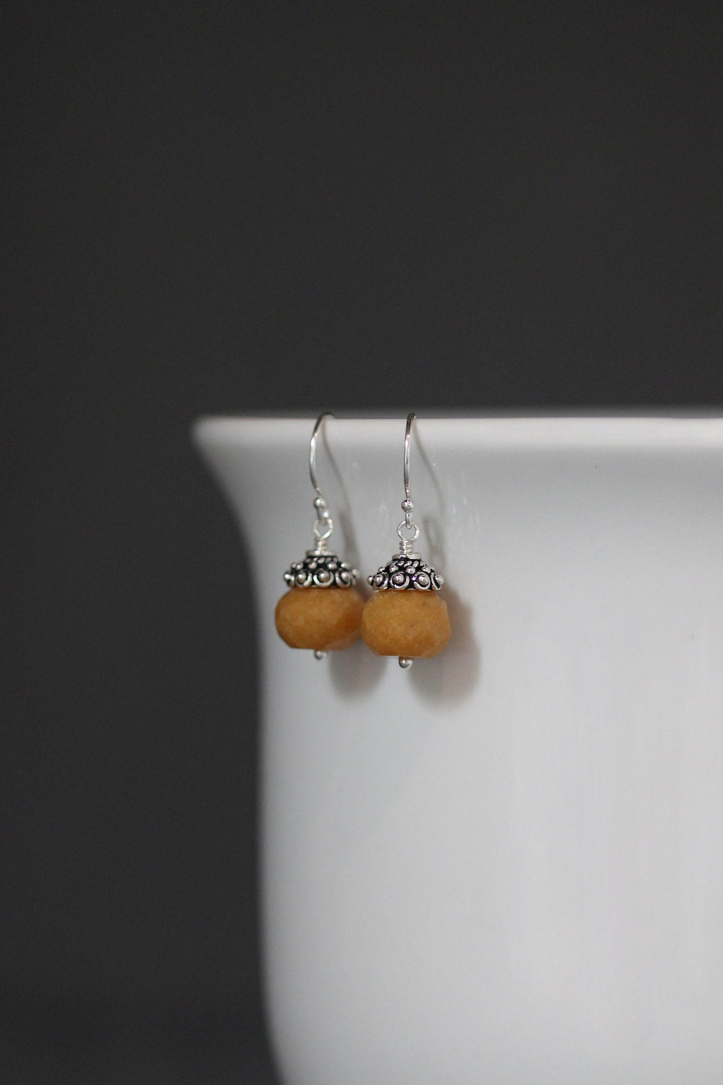Mustard Yellow Jade Button Earrings with Sterling Silver Caps