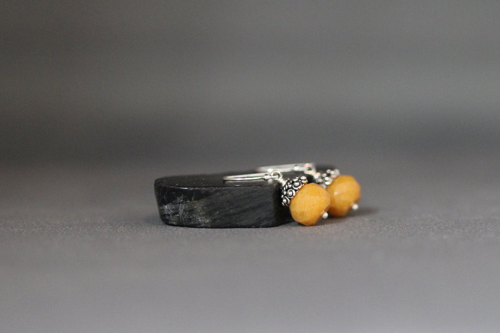 Mustard Yellow Jade Button Earrings with Sterling Silver Caps