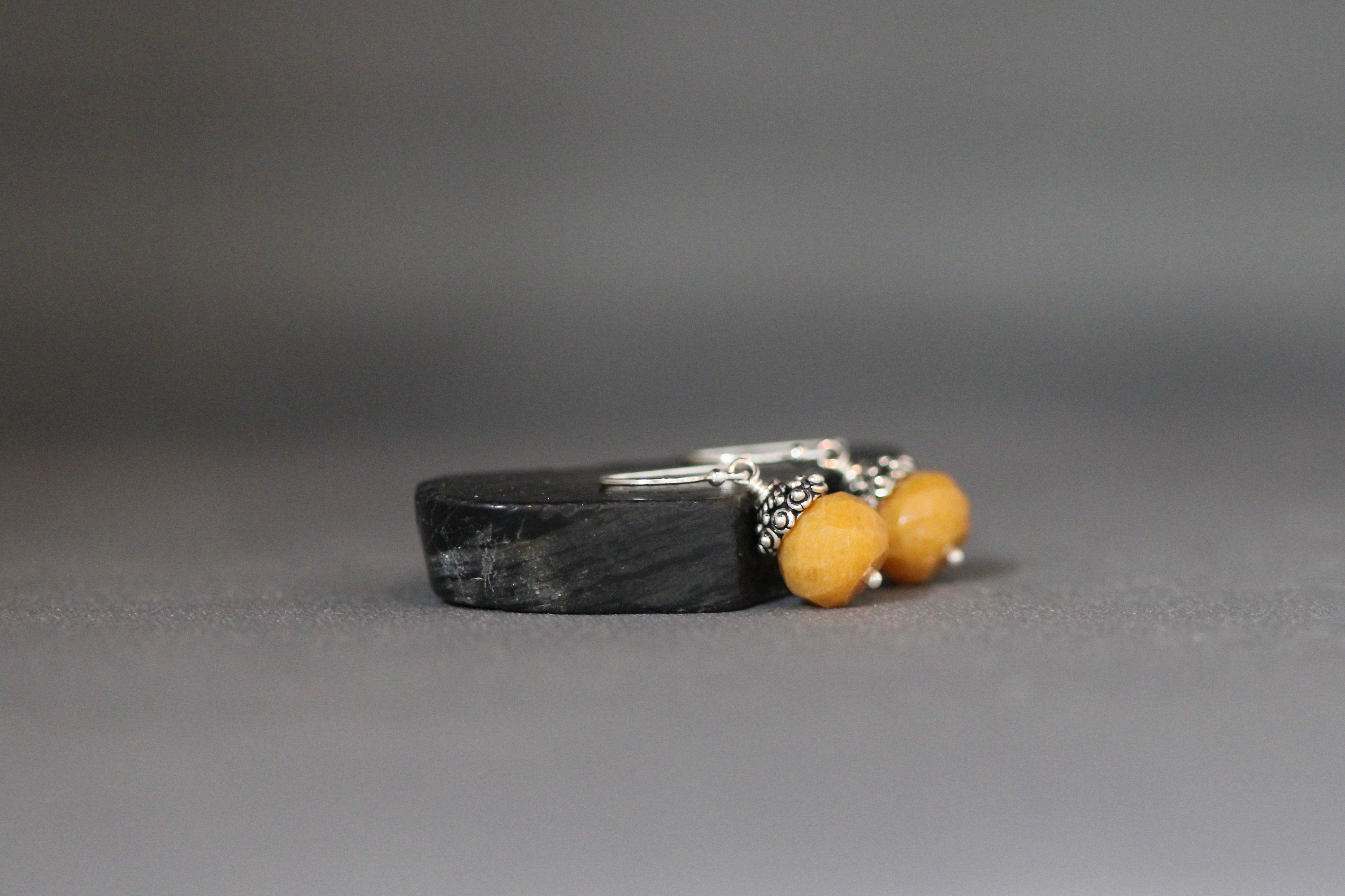 Mustard Yellow Jade Button Earrings with Sterling Silver Caps