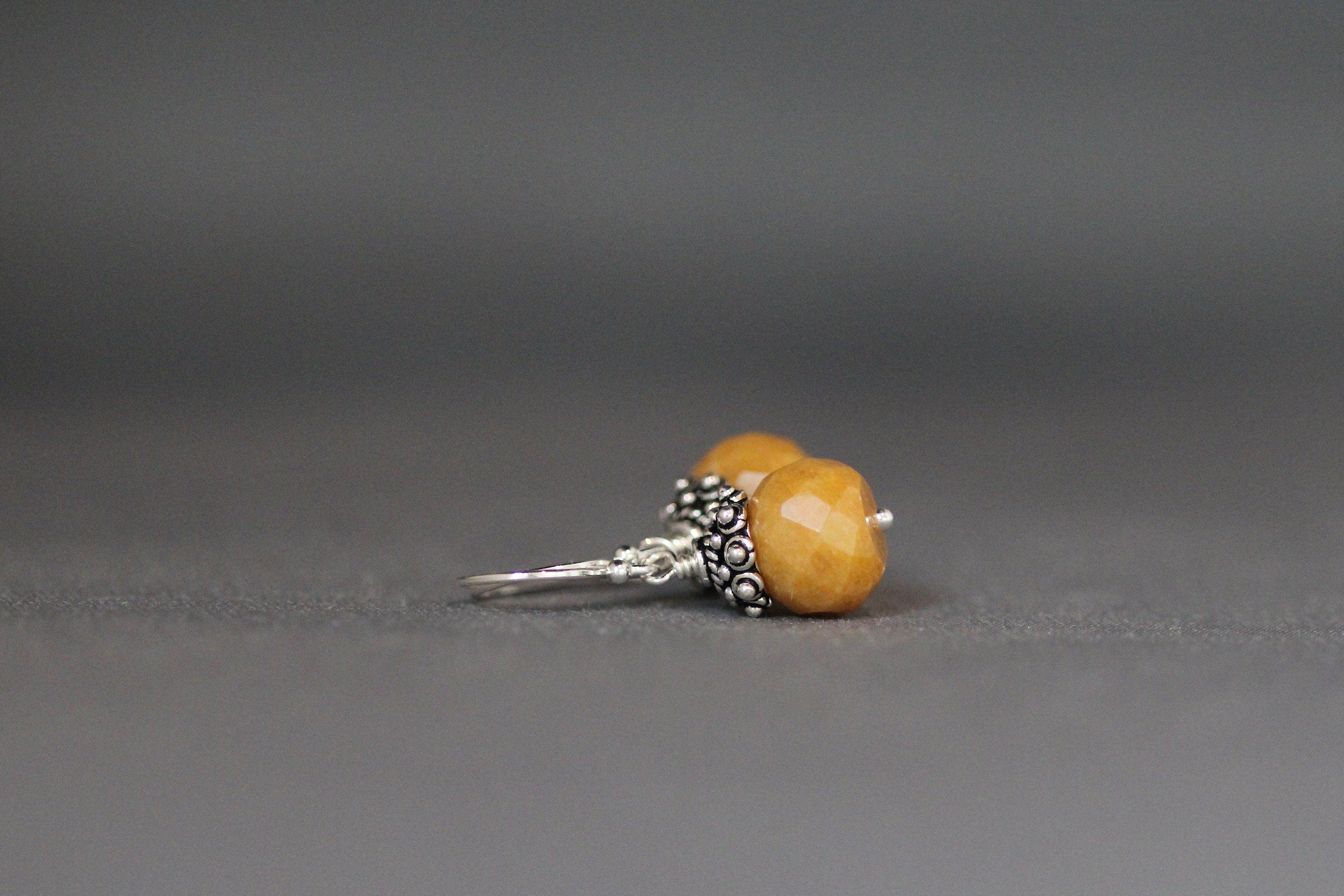 Mustard Yellow Jade Button Earrings with Sterling Silver Caps