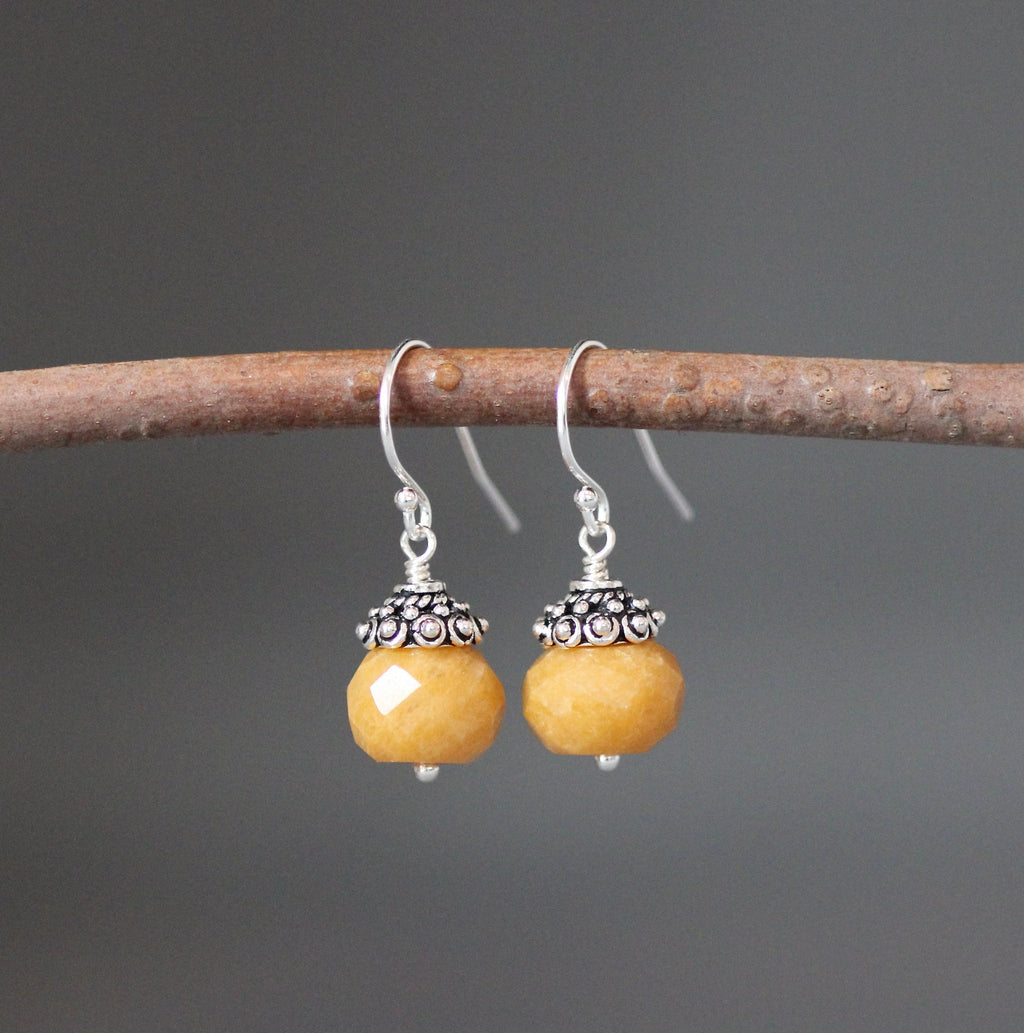 Mustard Yellow Jade Button Earrings with Sterling Silver Caps
