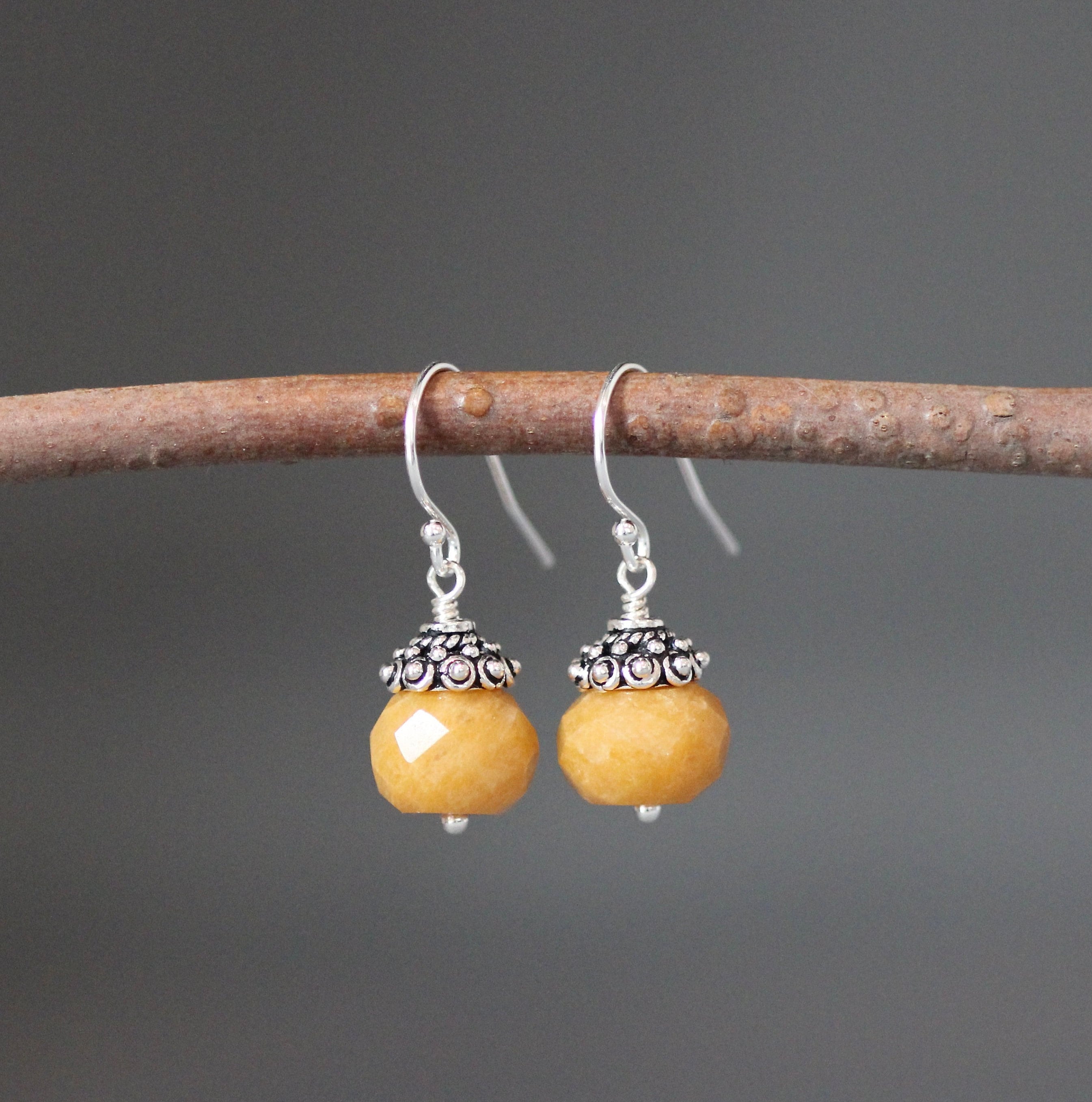 Mustard Yellow Jade Button Earrings with Sterling Silver Caps