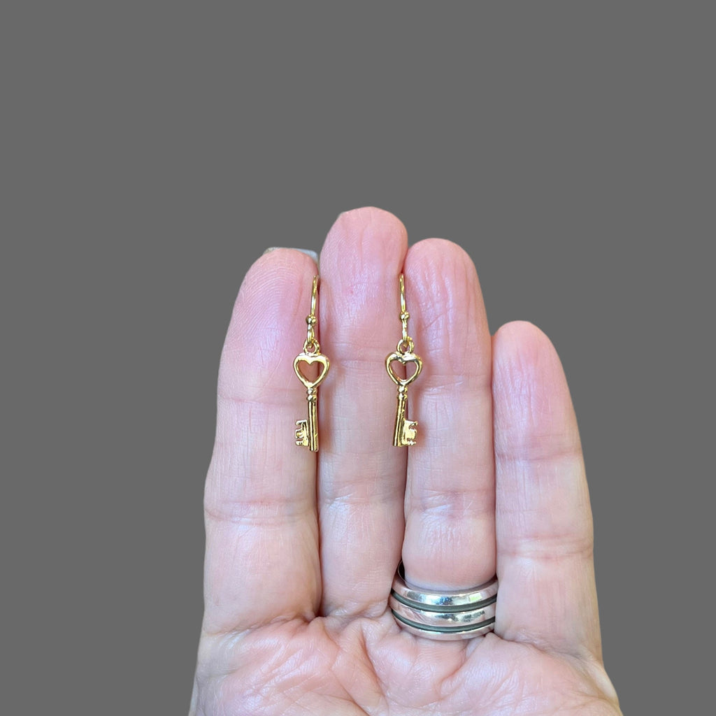 Gold Vermeil Heart and Key Charm Dangle Earrings