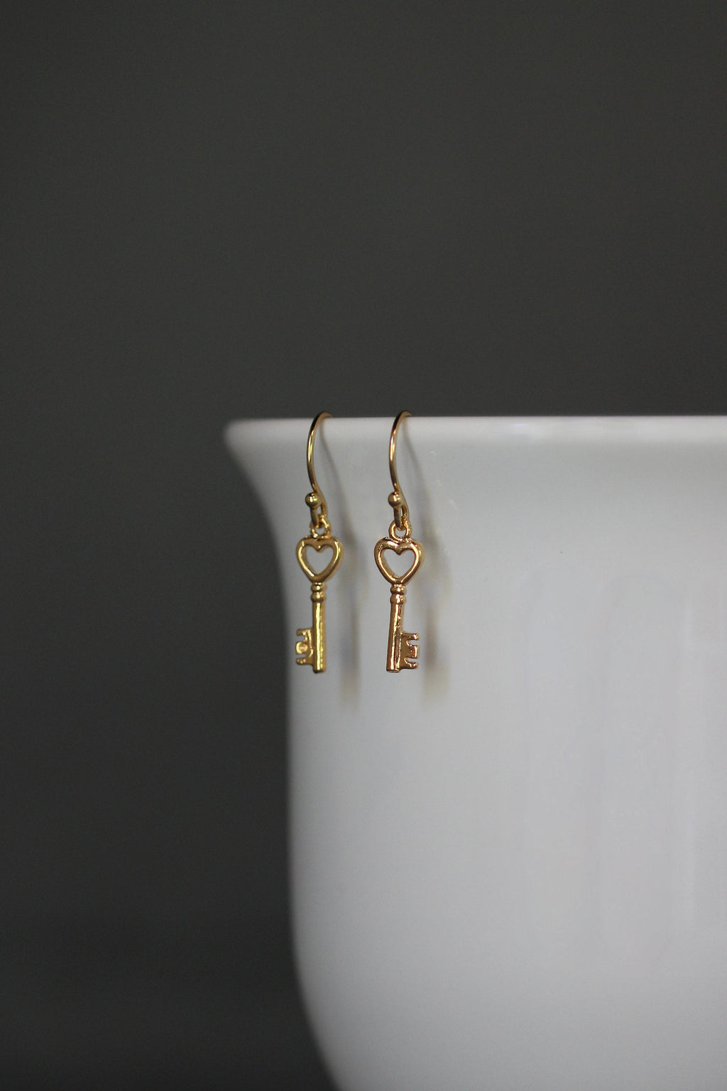 Gold Vermeil Heart and Key Charm Dangle Earrings
