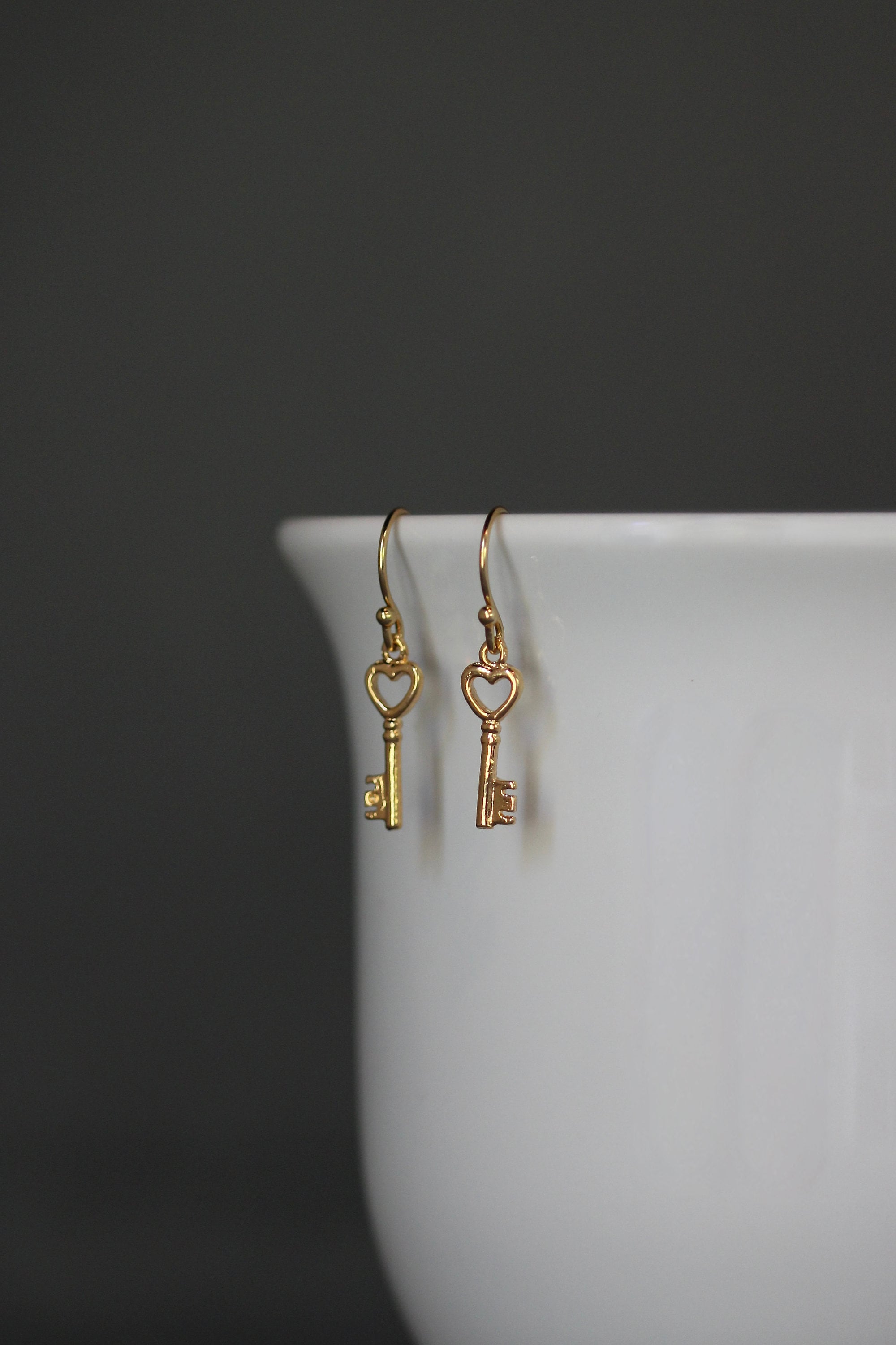 Gold Vermeil Heart and Key Charm Dangle Earrings