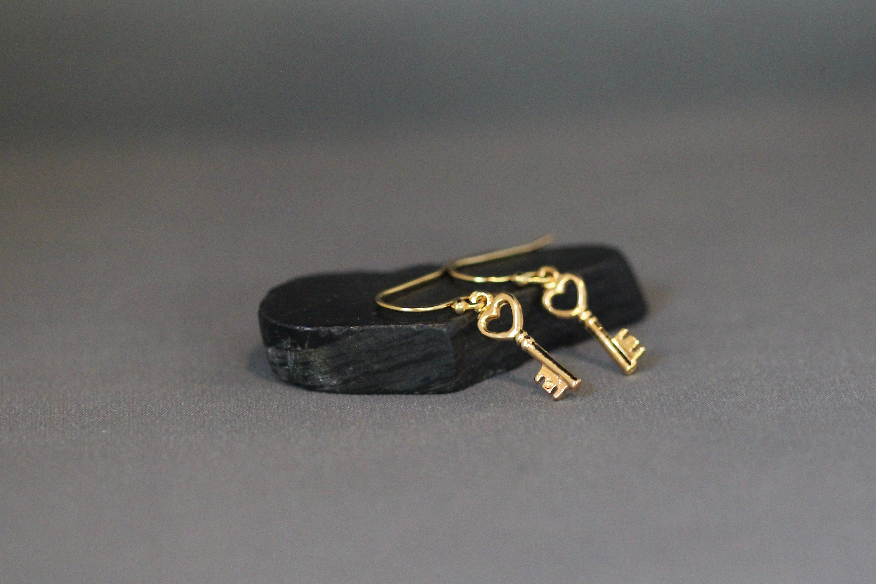 Gold Vermeil Heart and Key Charm Dangle Earrings