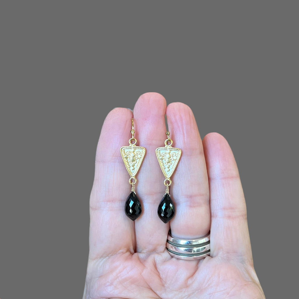 Black Spinel Marquise Dangle Earrings on Matte Gold Vermeil Links