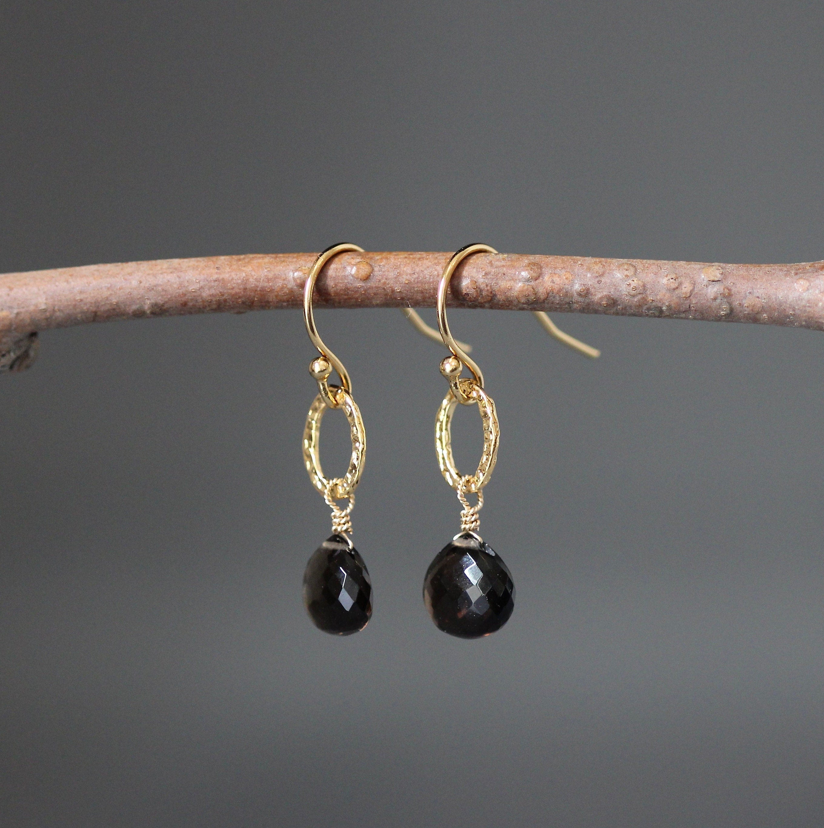 Smokey Topaz Teardrop and Gold Vermeil Oval Link Dangle Earrings