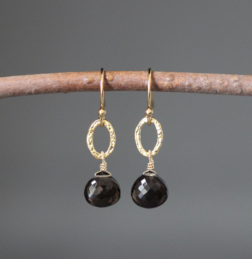 Smokey Topaz Teardrop and Gold Vermeil Oval Link Dangle Earrings