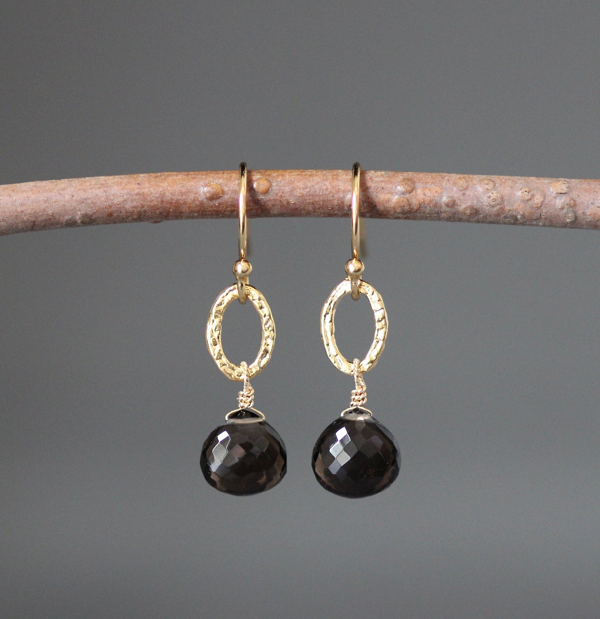 Smokey Topaz Teardrop and Gold Vermeil Oval Link Dangle Earrings