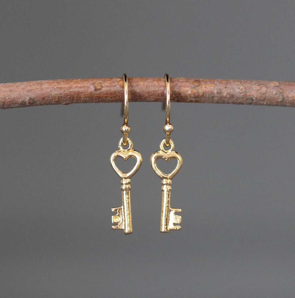 Gold Vermeil Heart and Key Charm Dangle Earrings