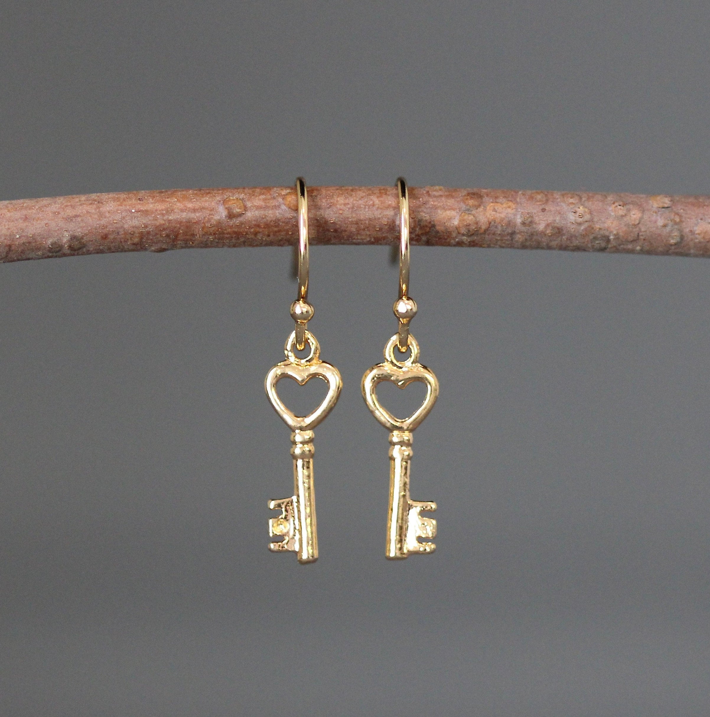 Gold Vermeil Heart and Key Charm Dangle Earrings