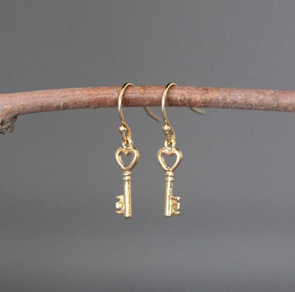 Gold Vermeil Heart and Key Charm Dangle Earrings