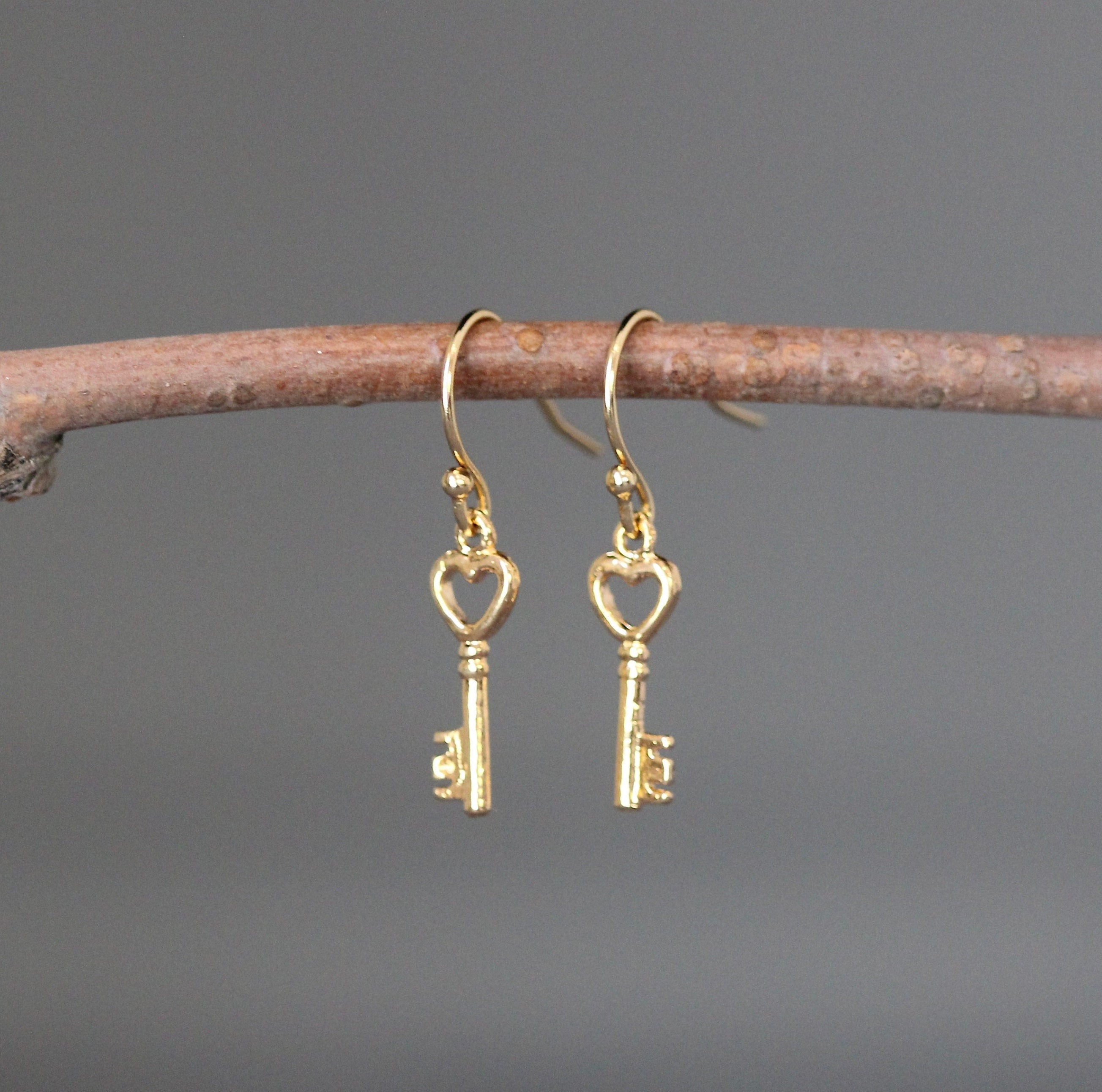 Gold Vermeil Heart and Key Charm Dangle Earrings