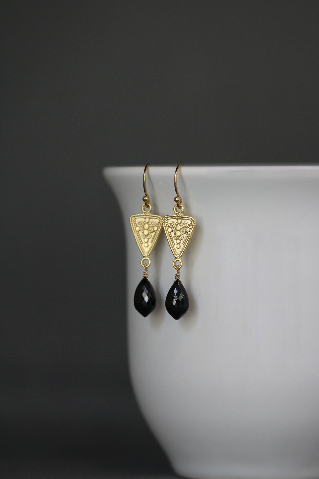 Black Spinel Marquise Dangle Earrings on Matte Gold Vermeil Links