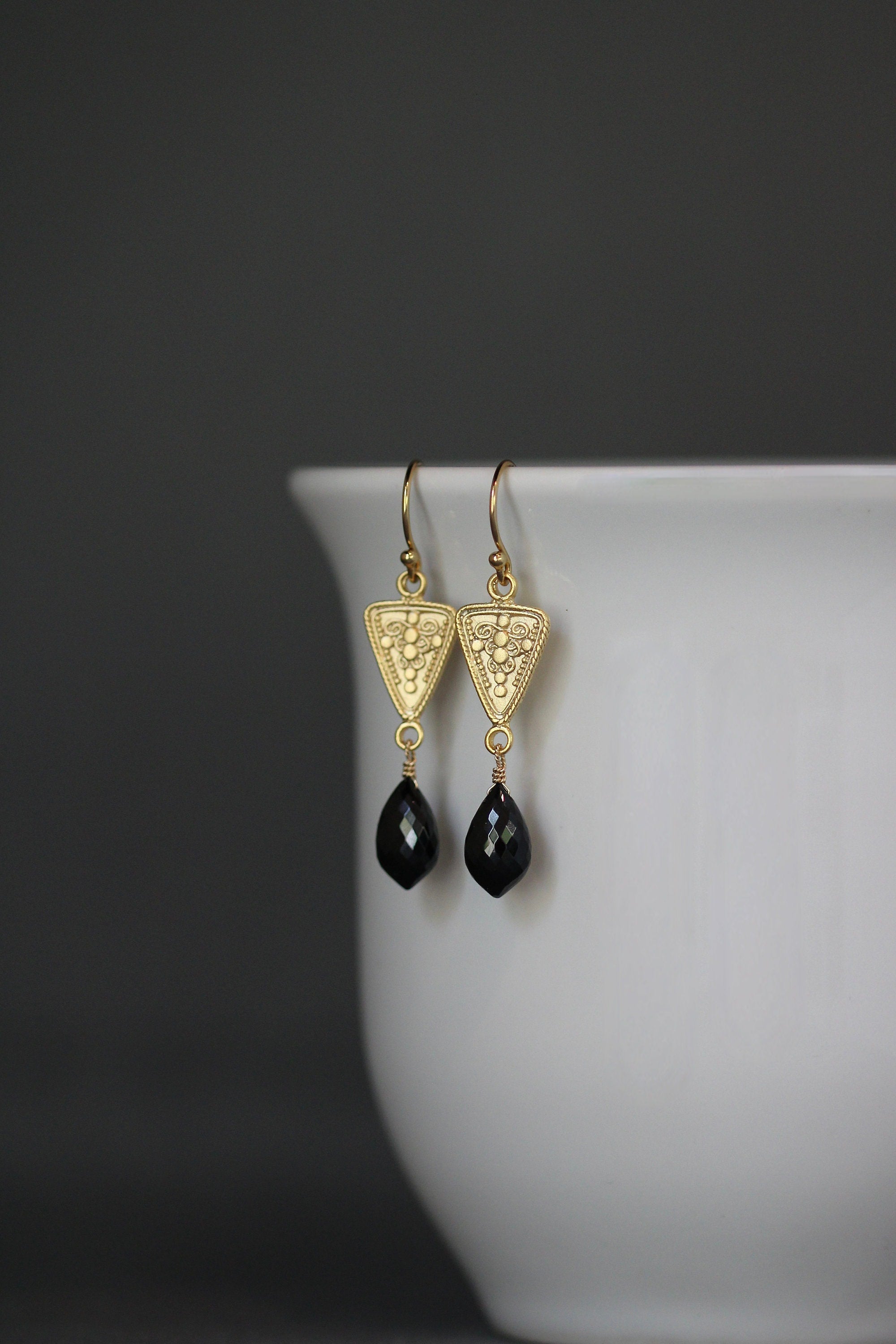 Black Spinel Marquise Dangle Earrings on Matte Gold Vermeil Links