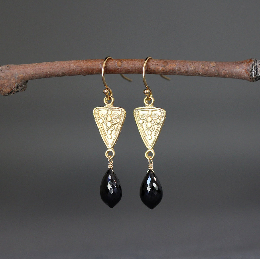 Black Spinel Marquise Dangle Earrings on Matte Gold Vermeil Links