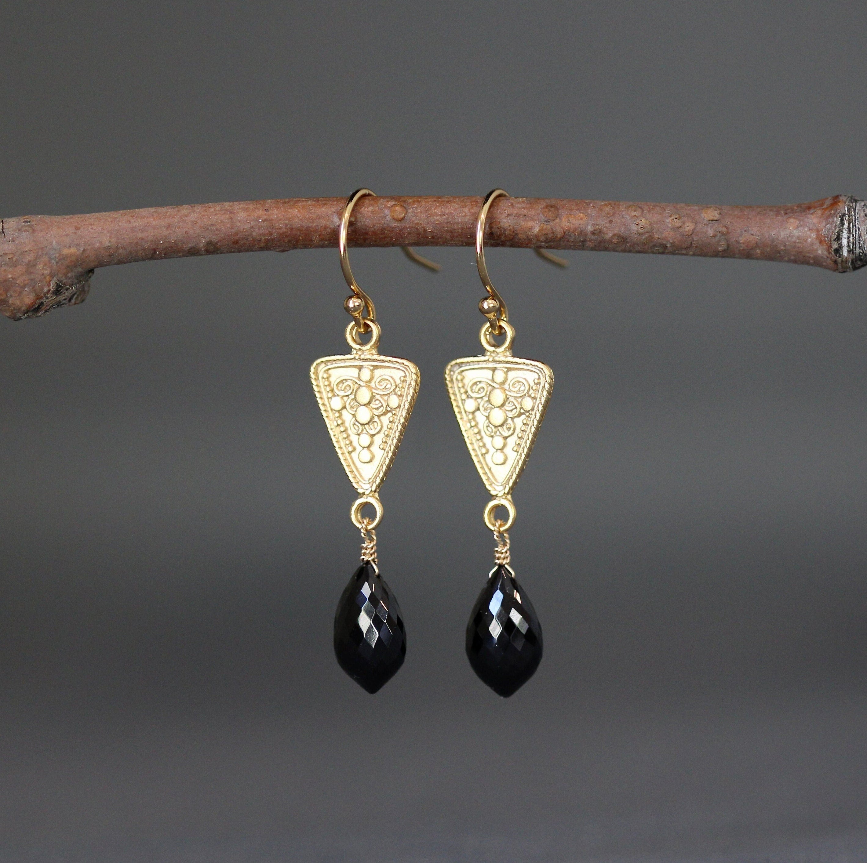 Black Spinel Marquise Dangle Earrings on Matte Gold Vermeil Links