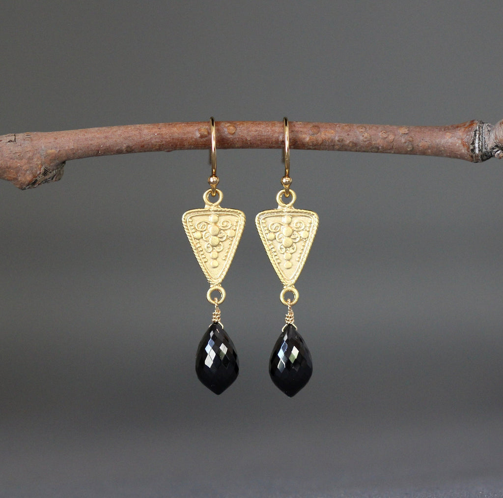 Black Spinel Marquise Dangle Earrings on Matte Gold Vermeil Links