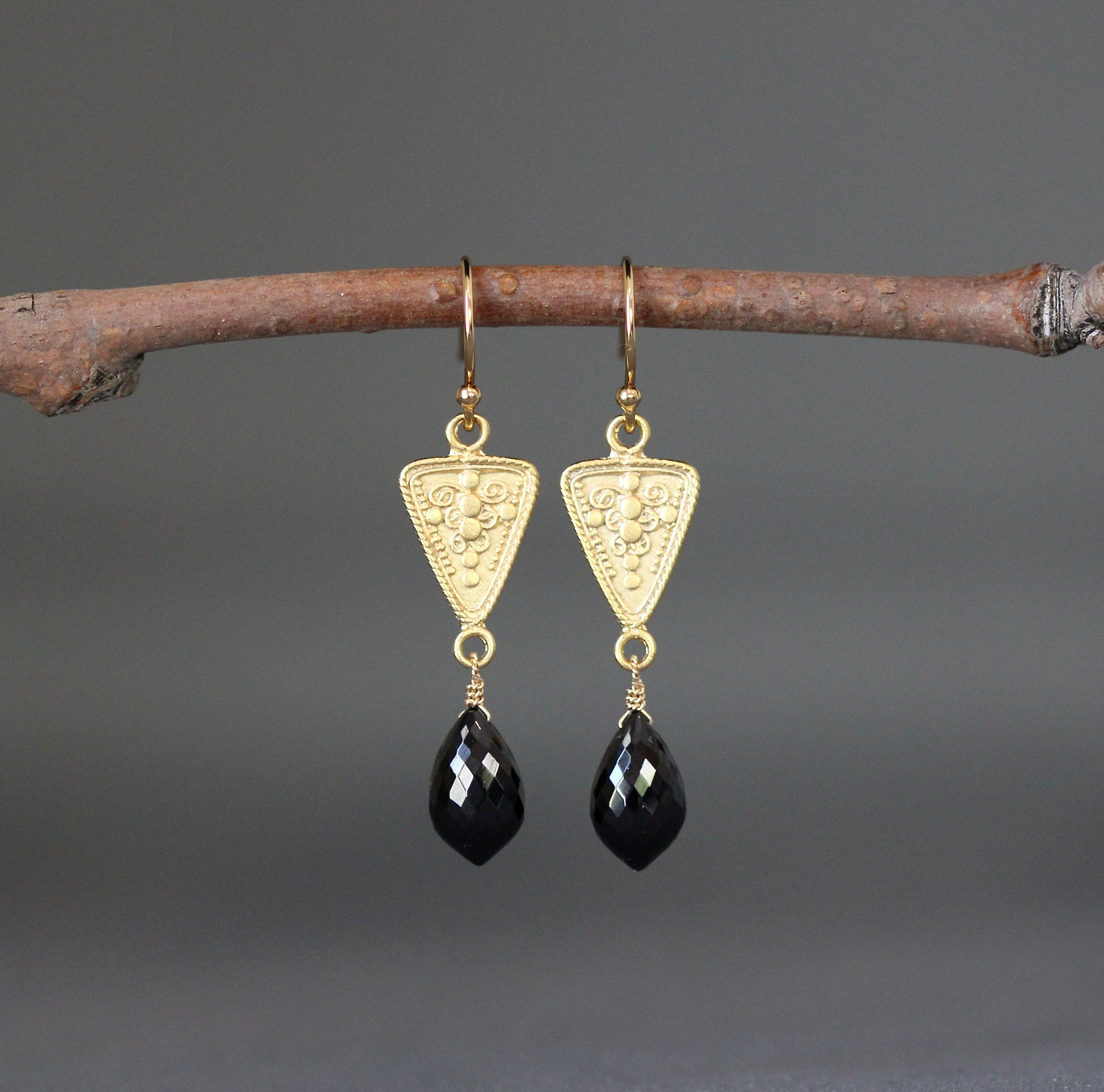 Black Spinel Marquise Dangle Earrings on Matte Gold Vermeil Links