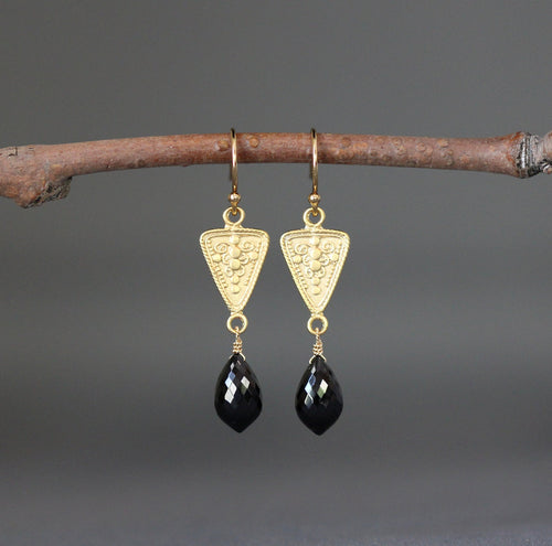Black Spinel Marquise Dangle Earrings on Matte Gold Vermeil Links