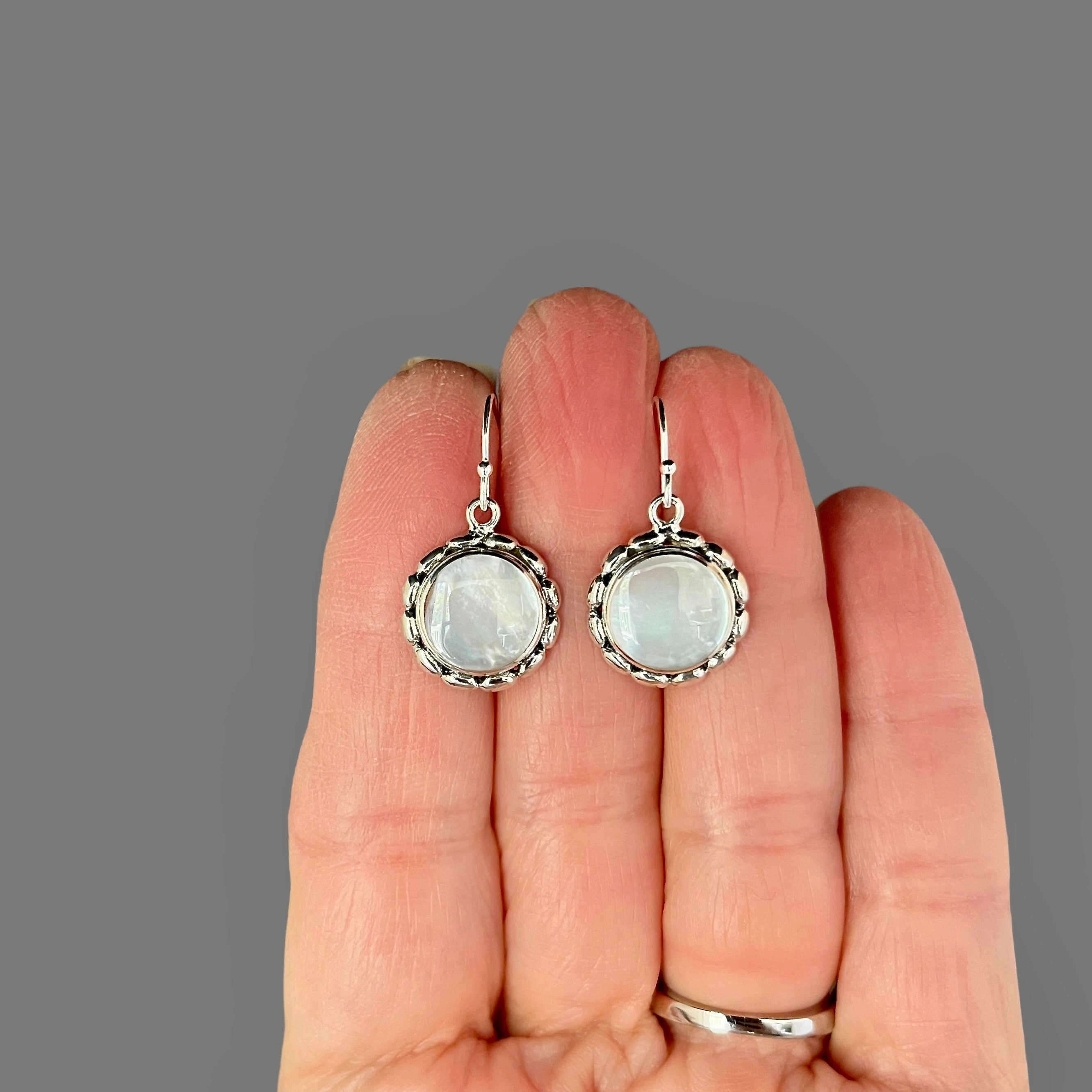 Mother of Pearl Round Stone Bezel Earrings in Bali Silver
