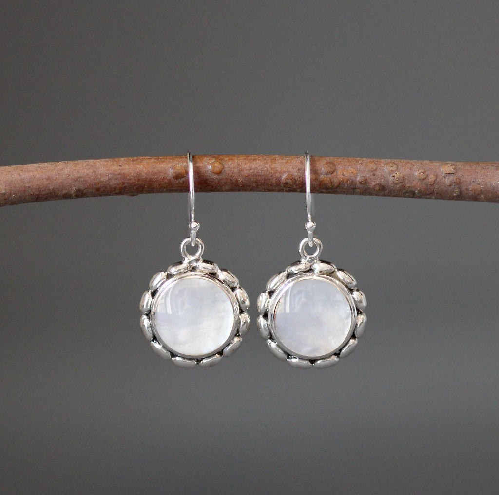 Mother of Pearl Round Stone Bezel Earrings in Bali Silver