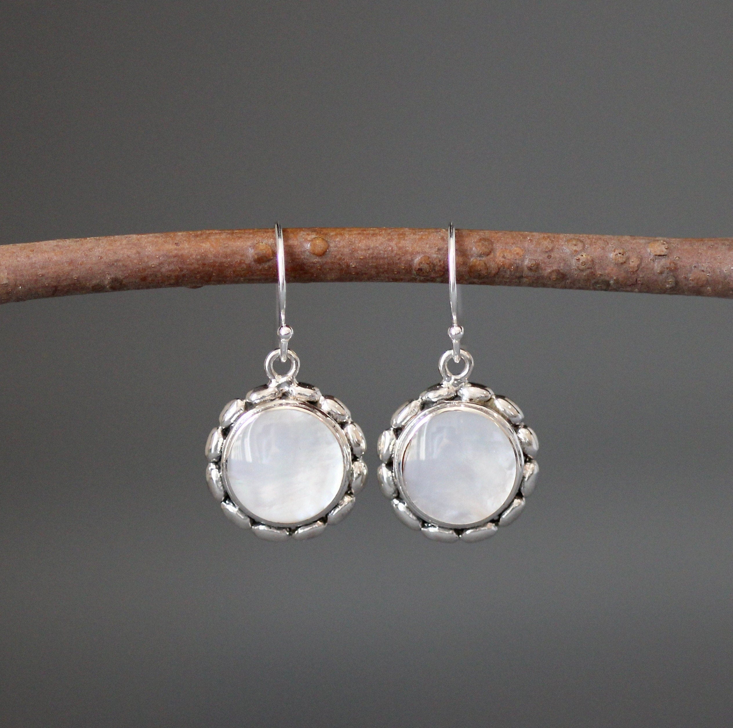 Mother of Pearl Round Stone Bezel Earrings in Bali Silver