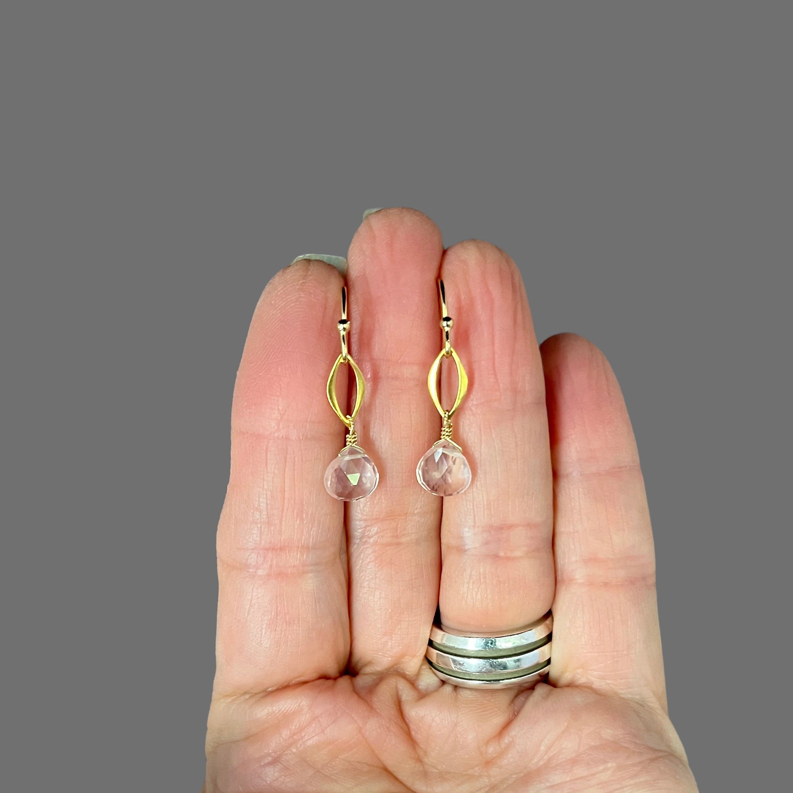 Rose Quartz Teardrop Earrings on Matte Gold Vermeil Links