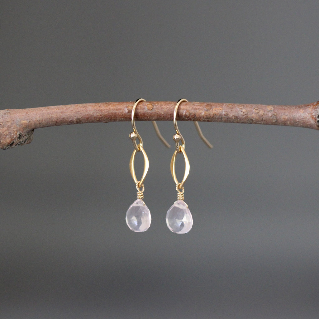 Rose Quartz Teardrop Earrings on Matte Gold Vermeil Links