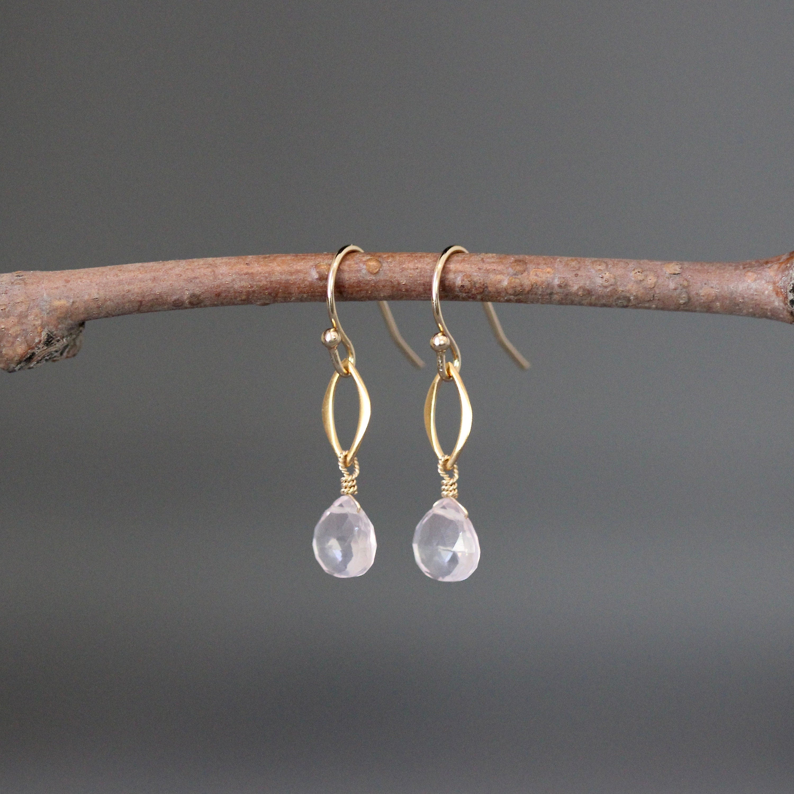 Rose Quartz Teardrop Earrings on Matte Gold Vermeil Links