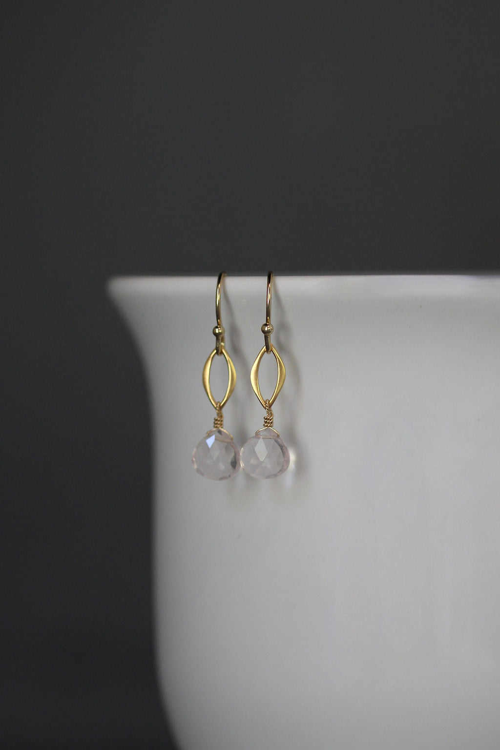 Rose Quartz Teardrop Earrings on Matte Gold Vermeil Links